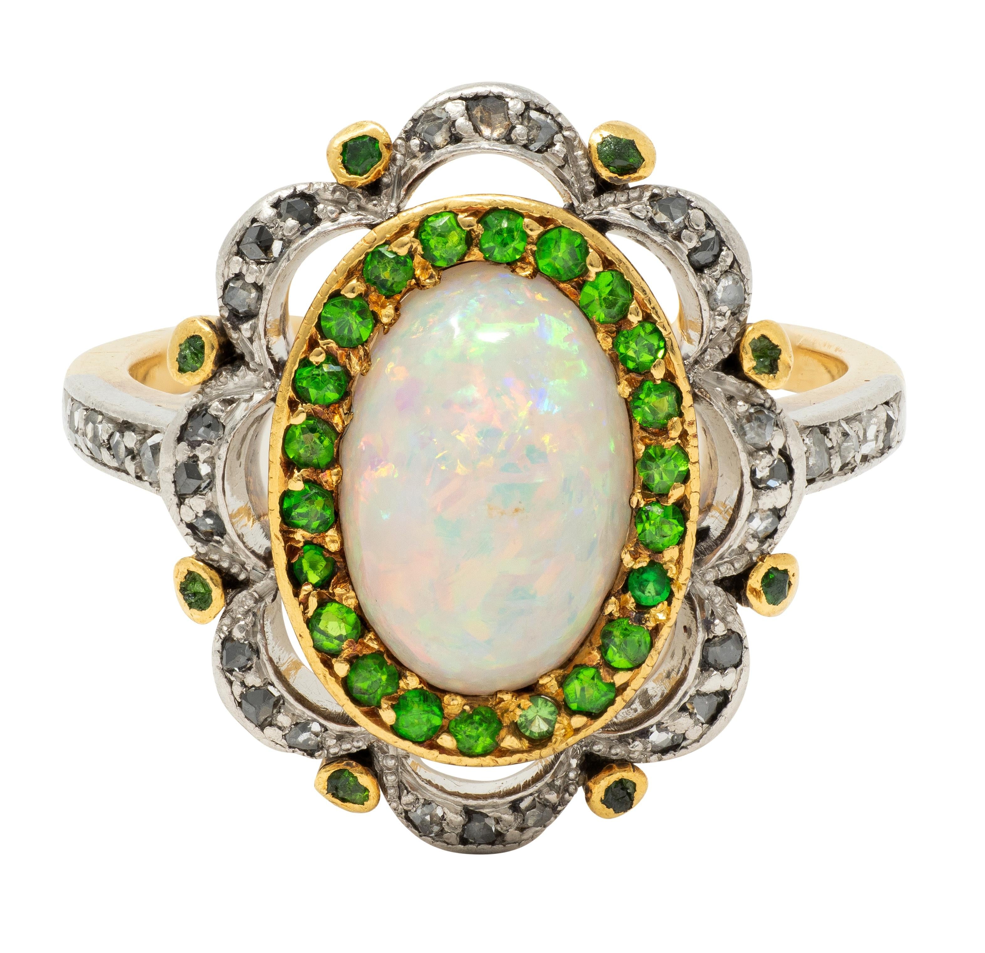 Edwardian Opal Diamond Demantoid Garnet Platinum 18K Gold Antique Cluster Ring
