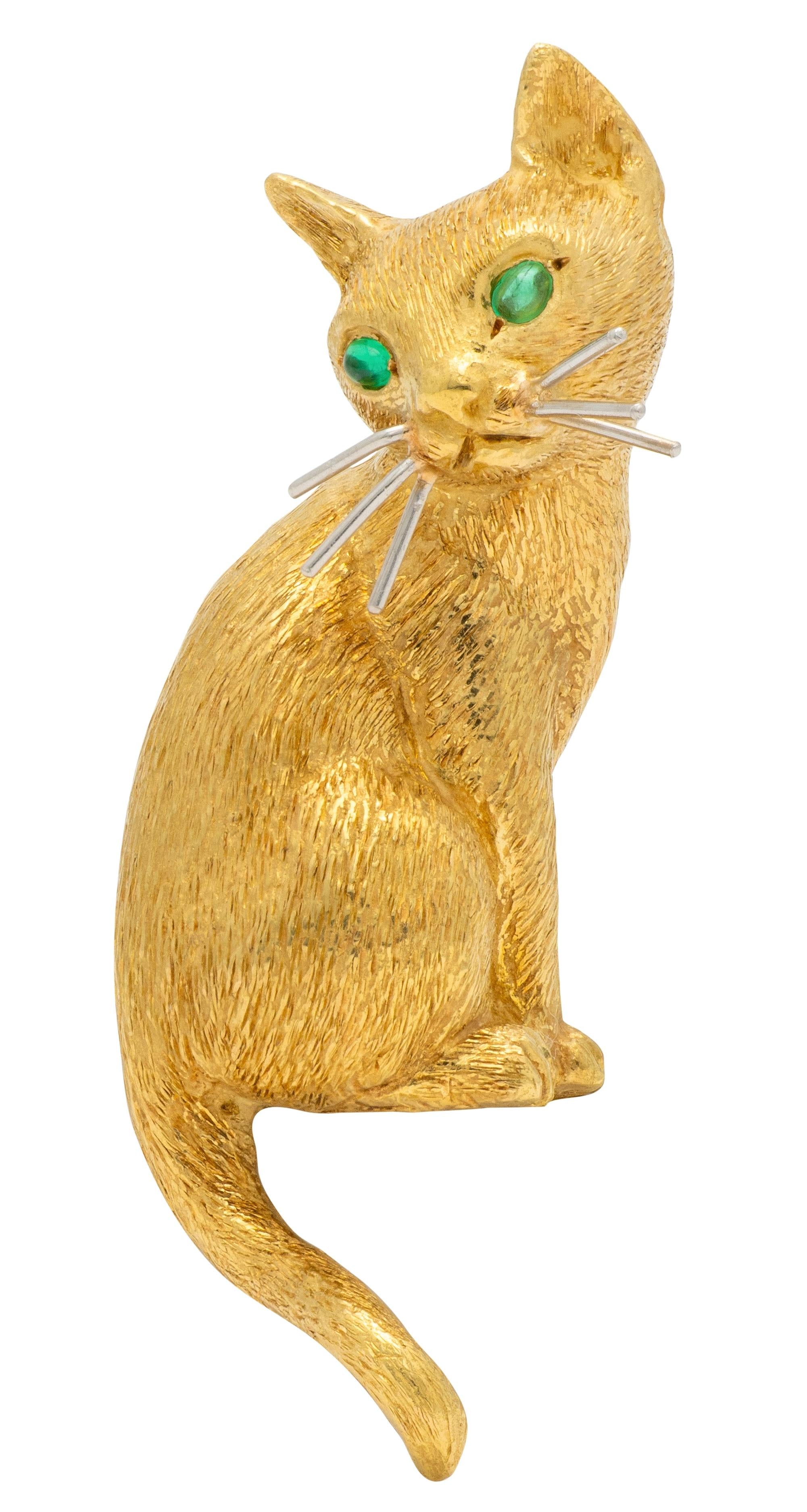 Tiffany & Co. 1960's Emerald Platinum 18 Karat Yellow Gold Vintage Cat Brooch