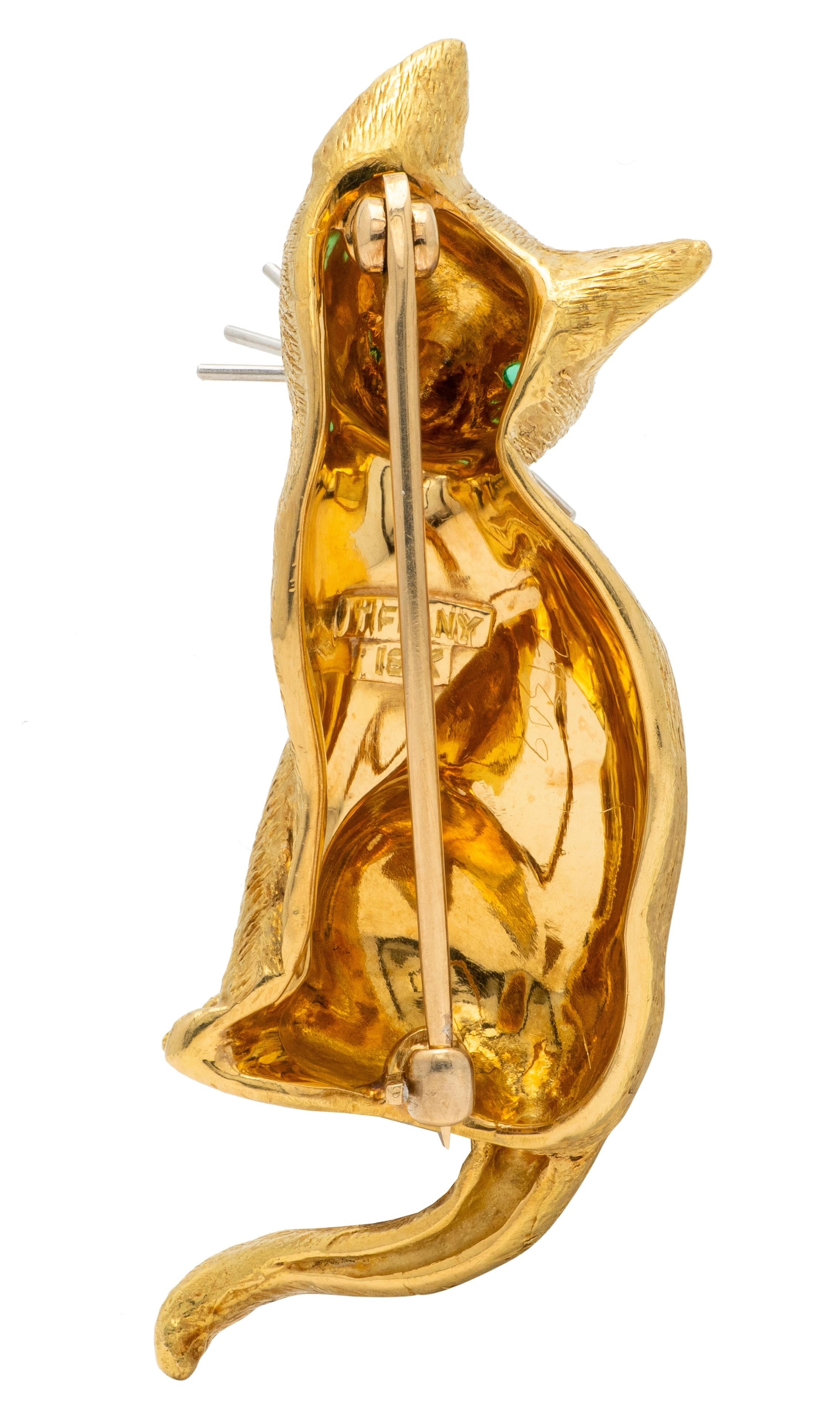 Tiffany & Co. 1960's Emerald Platinum 18 Karat Yellow Gold Vintage Cat Brooch