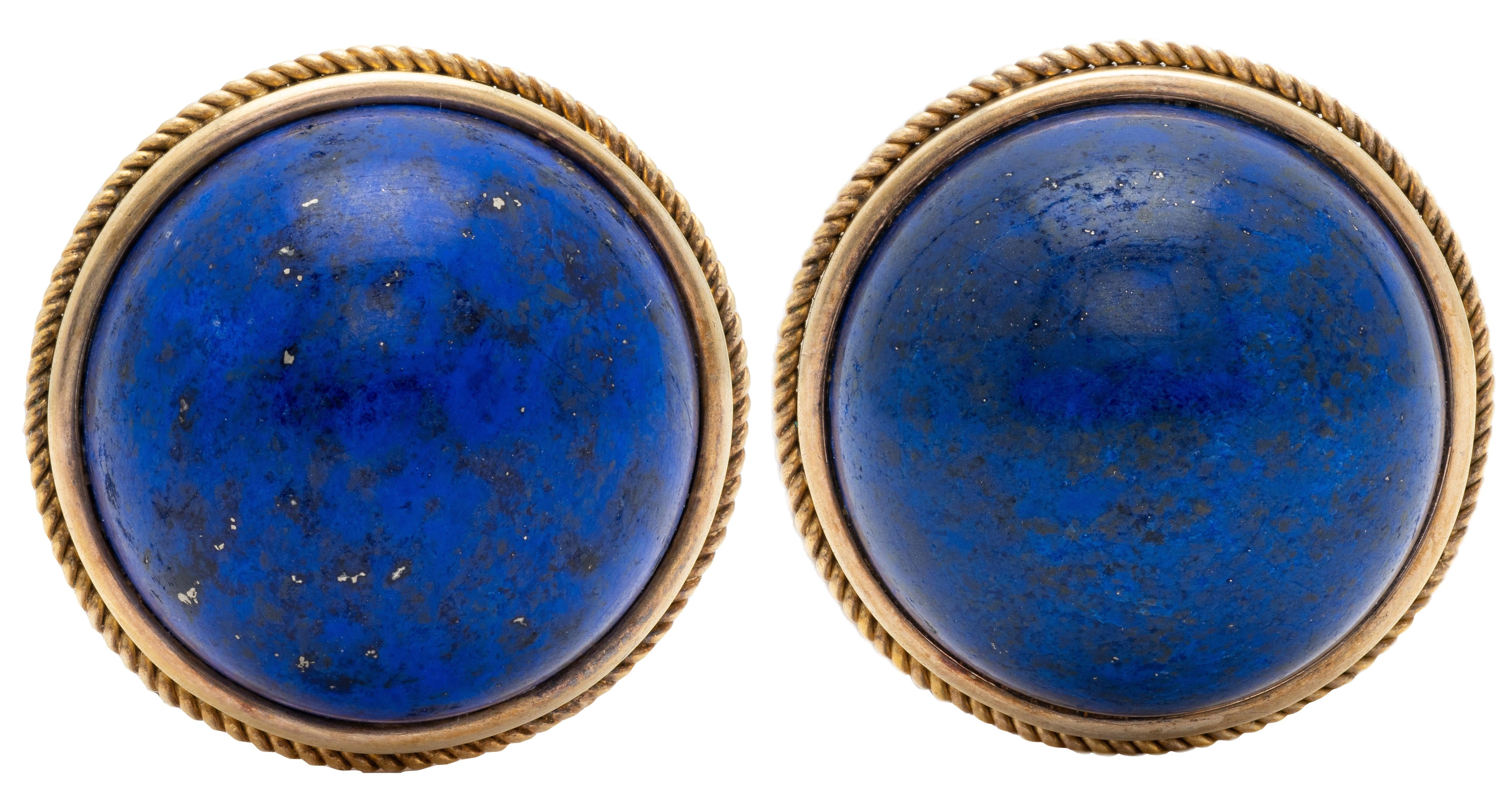 1960's Lapis Lazuli 14 Karat Yellow Gold Vintage Button Ear-Clip Earrings
