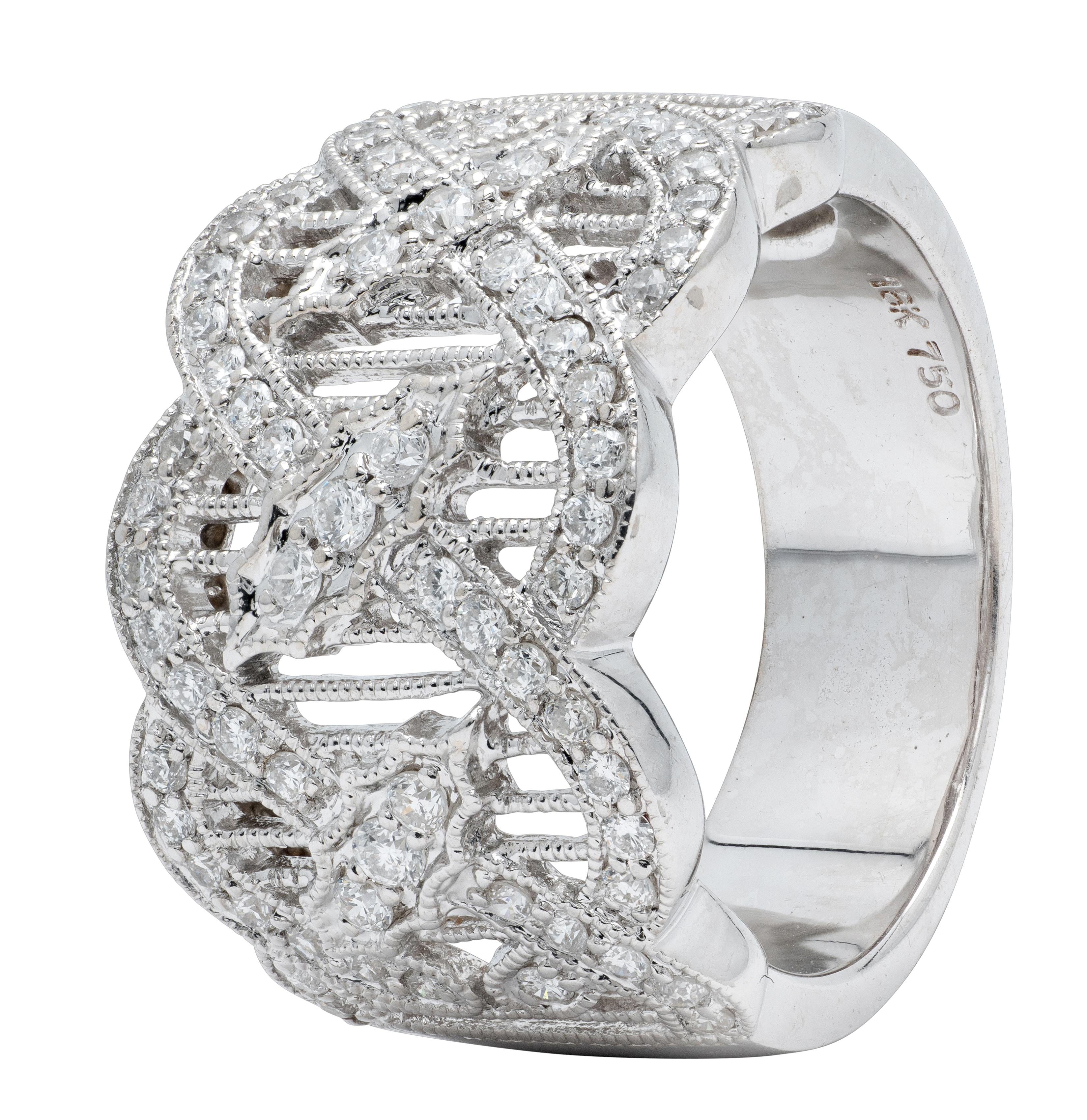 Contemporary Round Diamond 18 Karat White Gold Wide Twist Filigree Band Ring