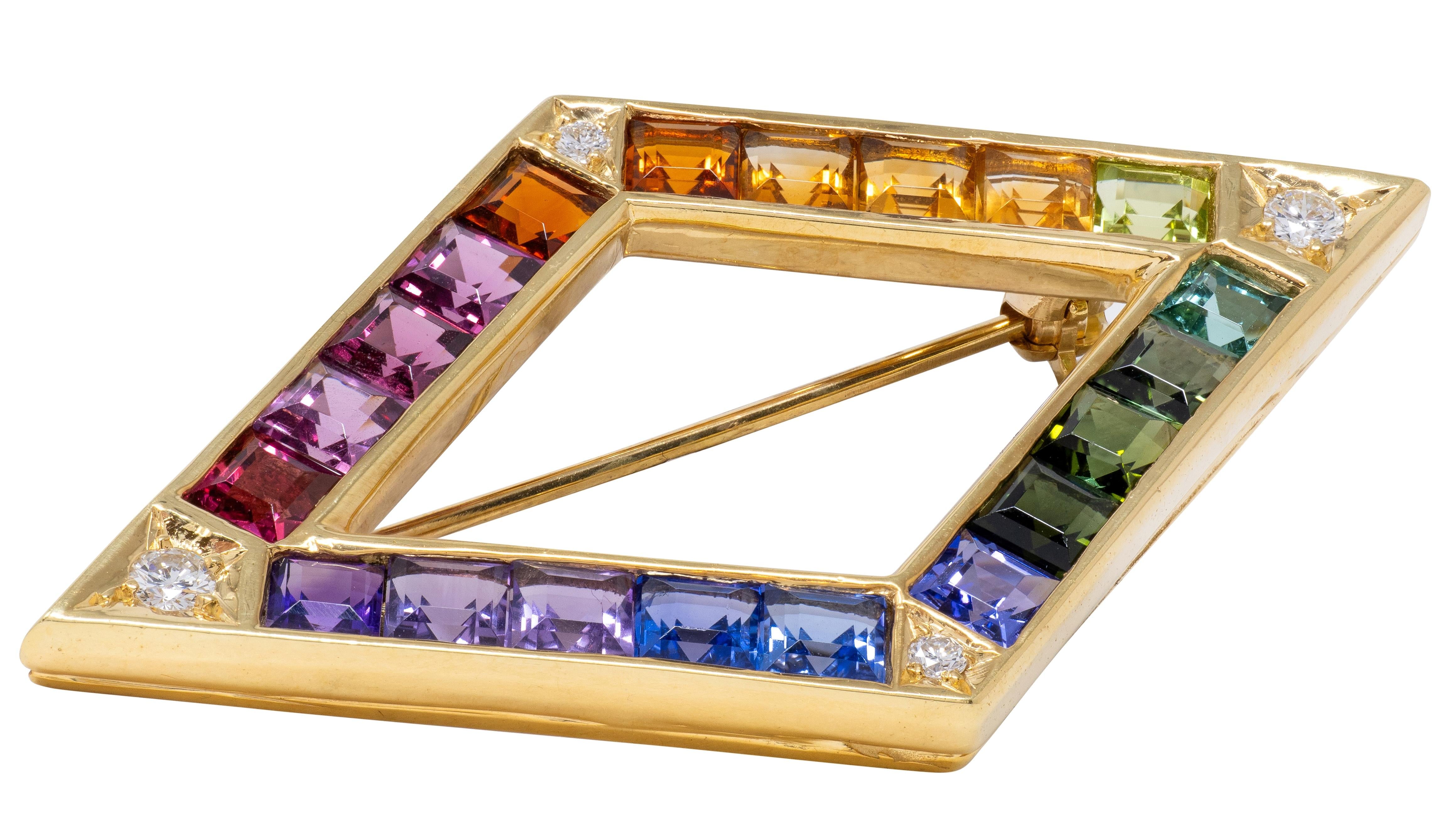 Contemporary Diamond Multi-Gem 18 Karat Yellow Gold Rainbow Diamond Brooch
