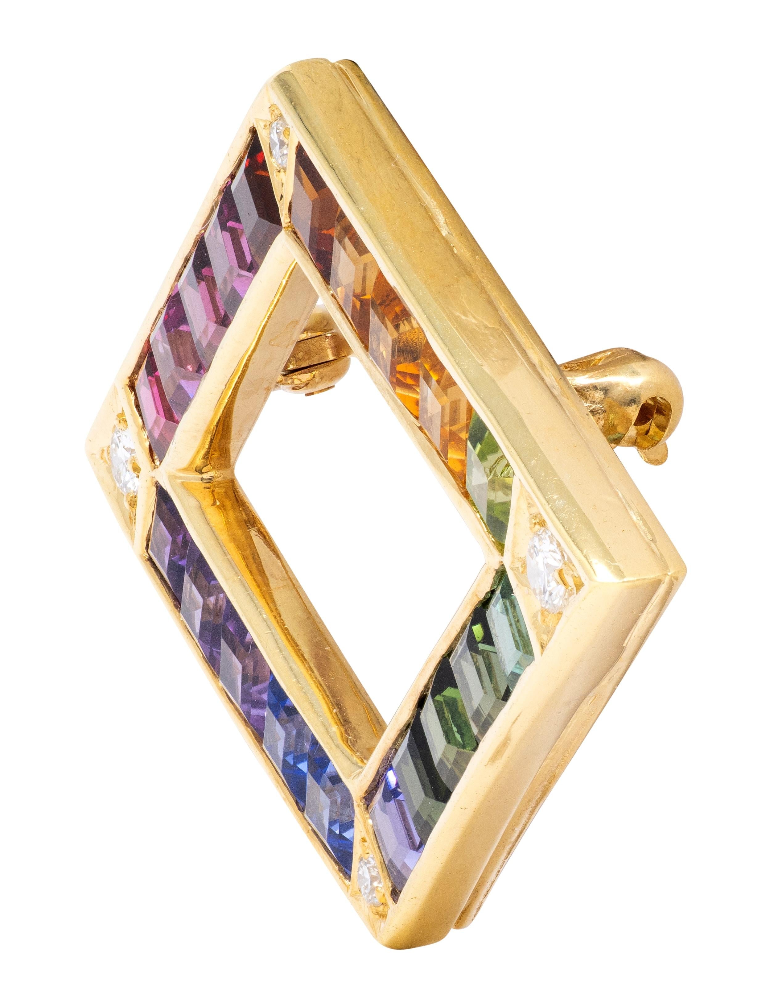 Contemporary Diamond Multi-Gem 18 Karat Yellow Gold Rainbow Diamond Brooch