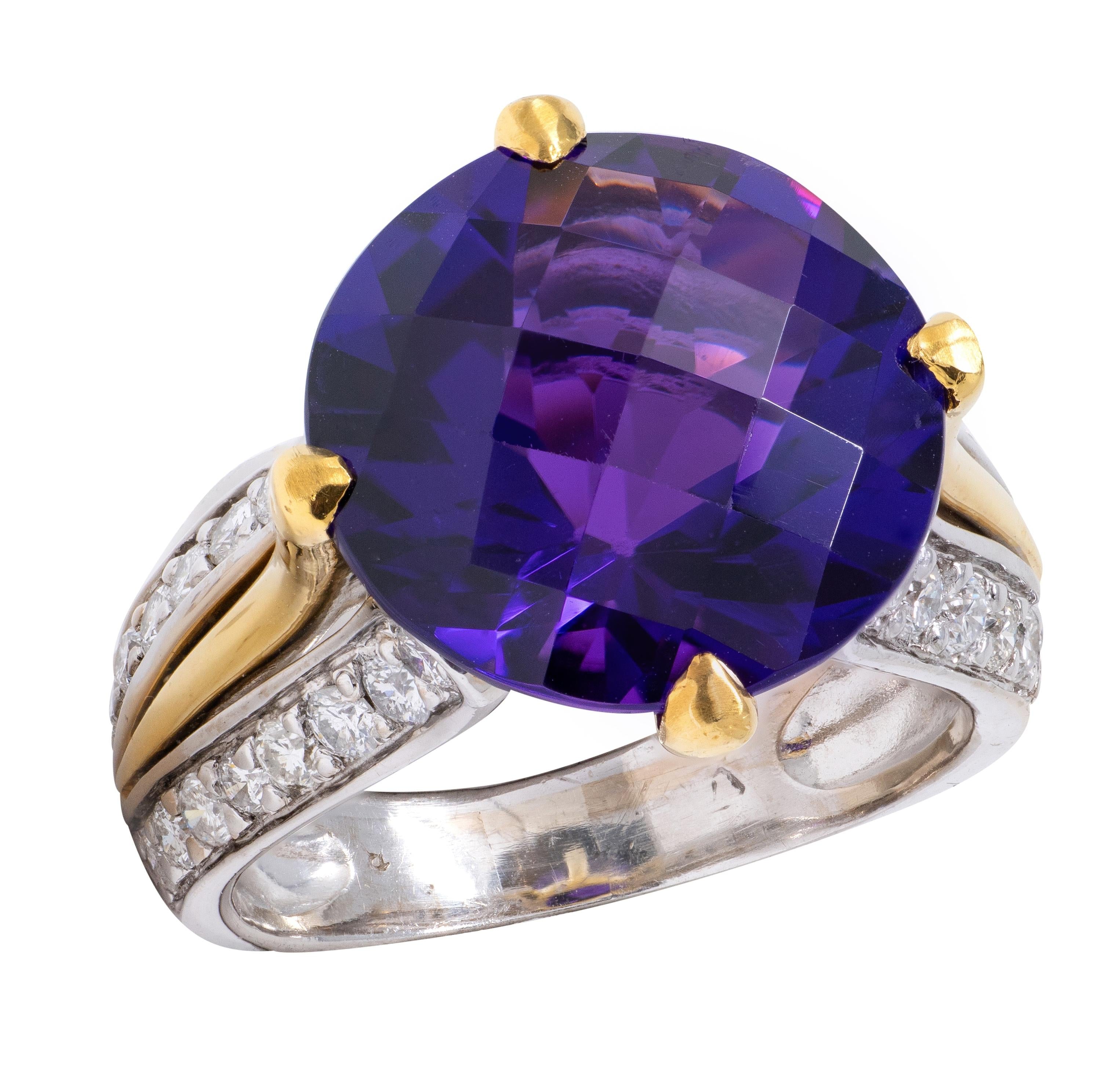 2000's Amethyst Diamond 18 Karat Two-Tone Gold Checkerboard Cocktail Ring
