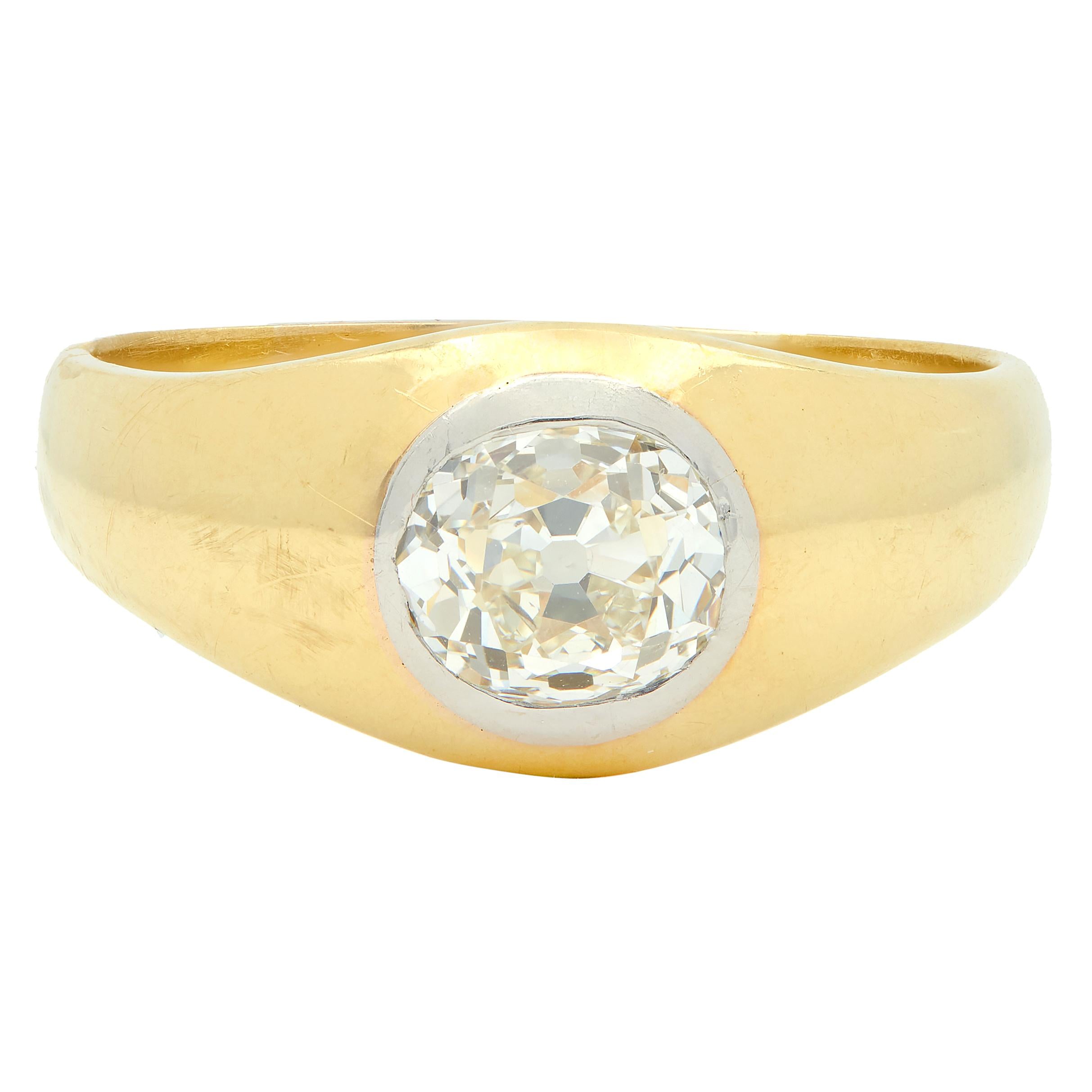 Early Art Deco 1.35 CT Old Mine Cut Diamond 18K Yellow Gold Antique Gypsy Ring