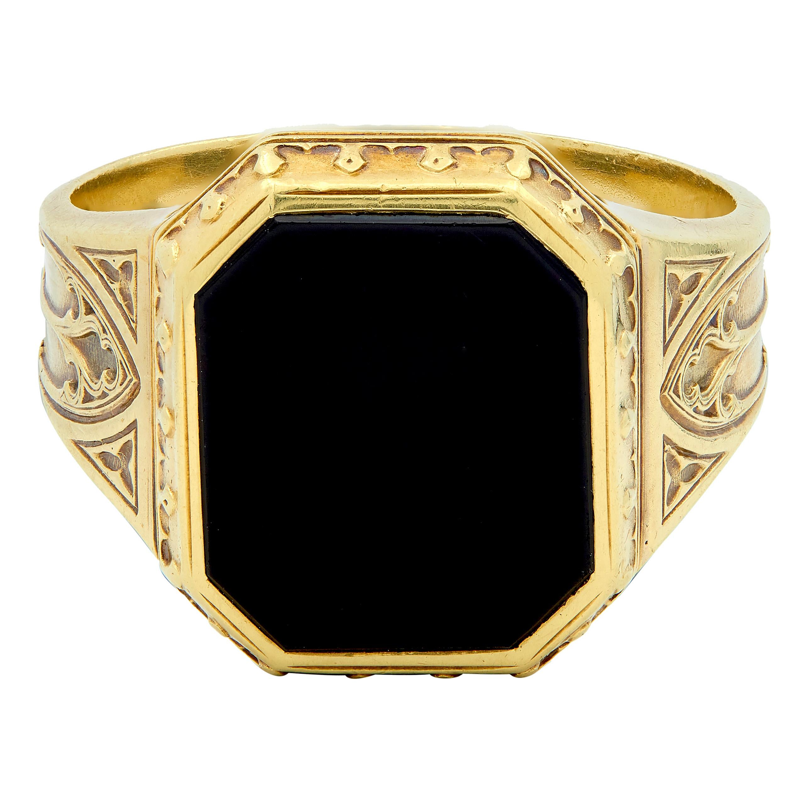 Larter & Sons Victorian Onyx 14K Yellow Gold Gothic Antique Unisex Signet Ring