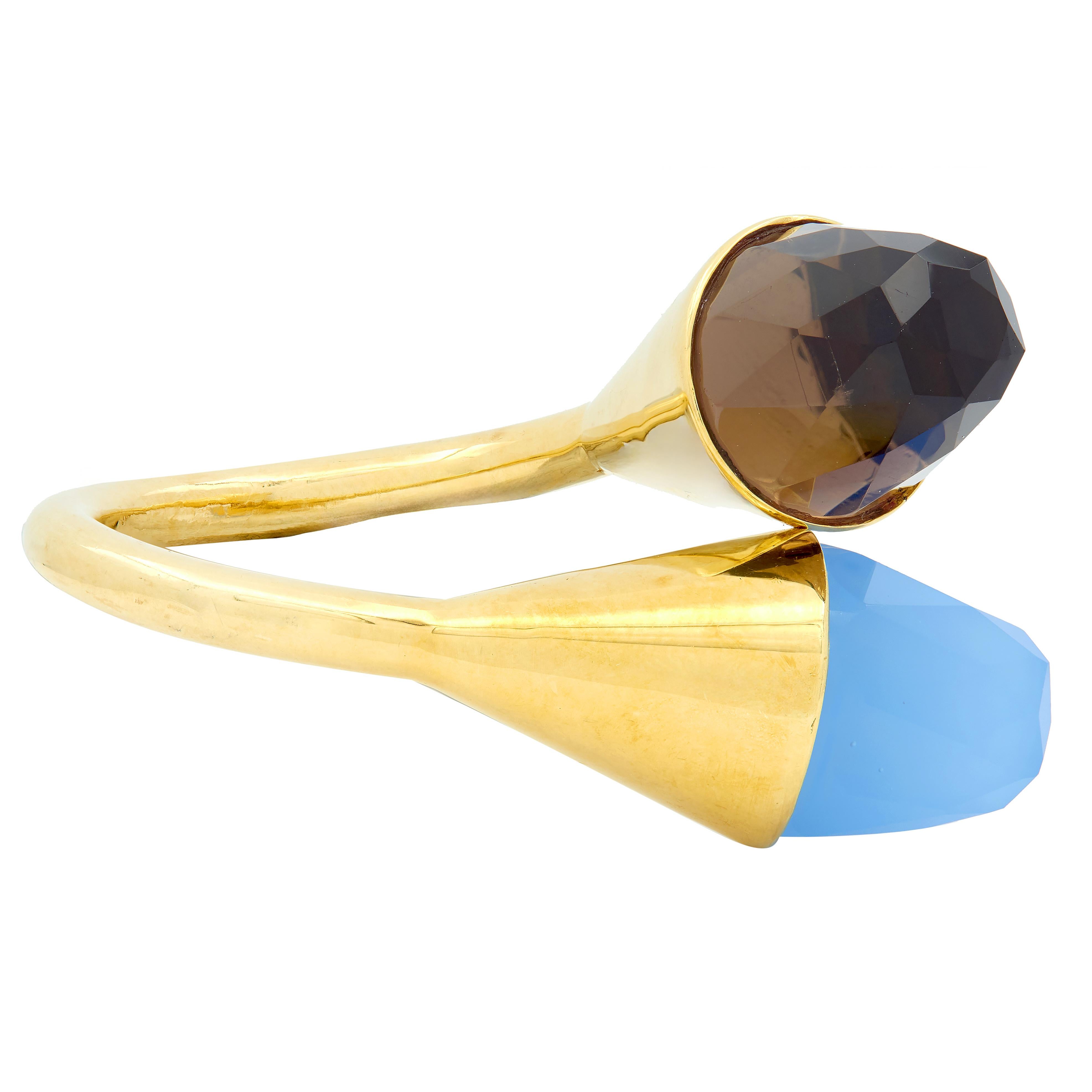 Contemporary Blue Chalcedony Smoky Quartz 18K Yellow Gold Bypass Ring