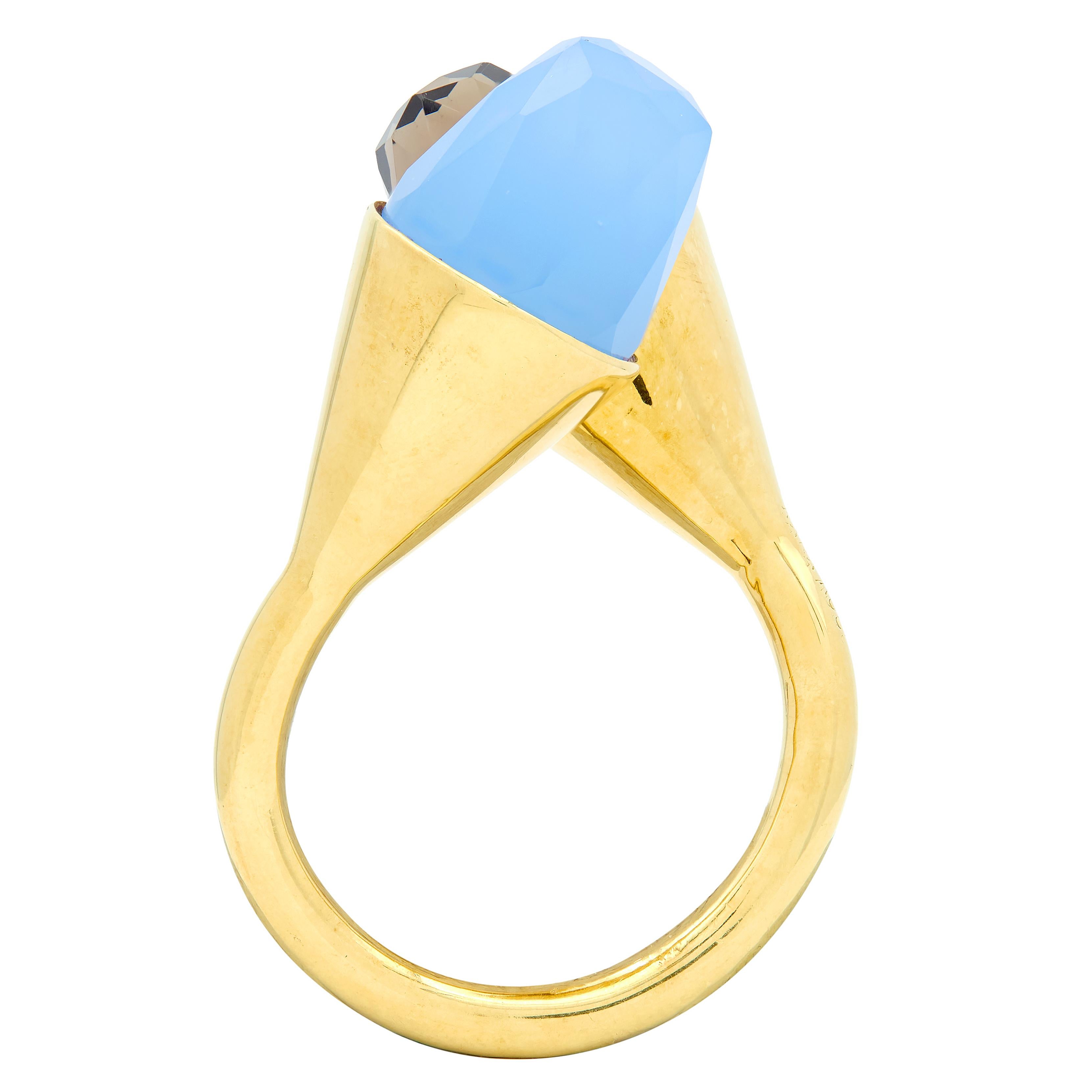 Contemporary Blue Chalcedony Smoky Quartz 18K Yellow Gold Bypass Ring