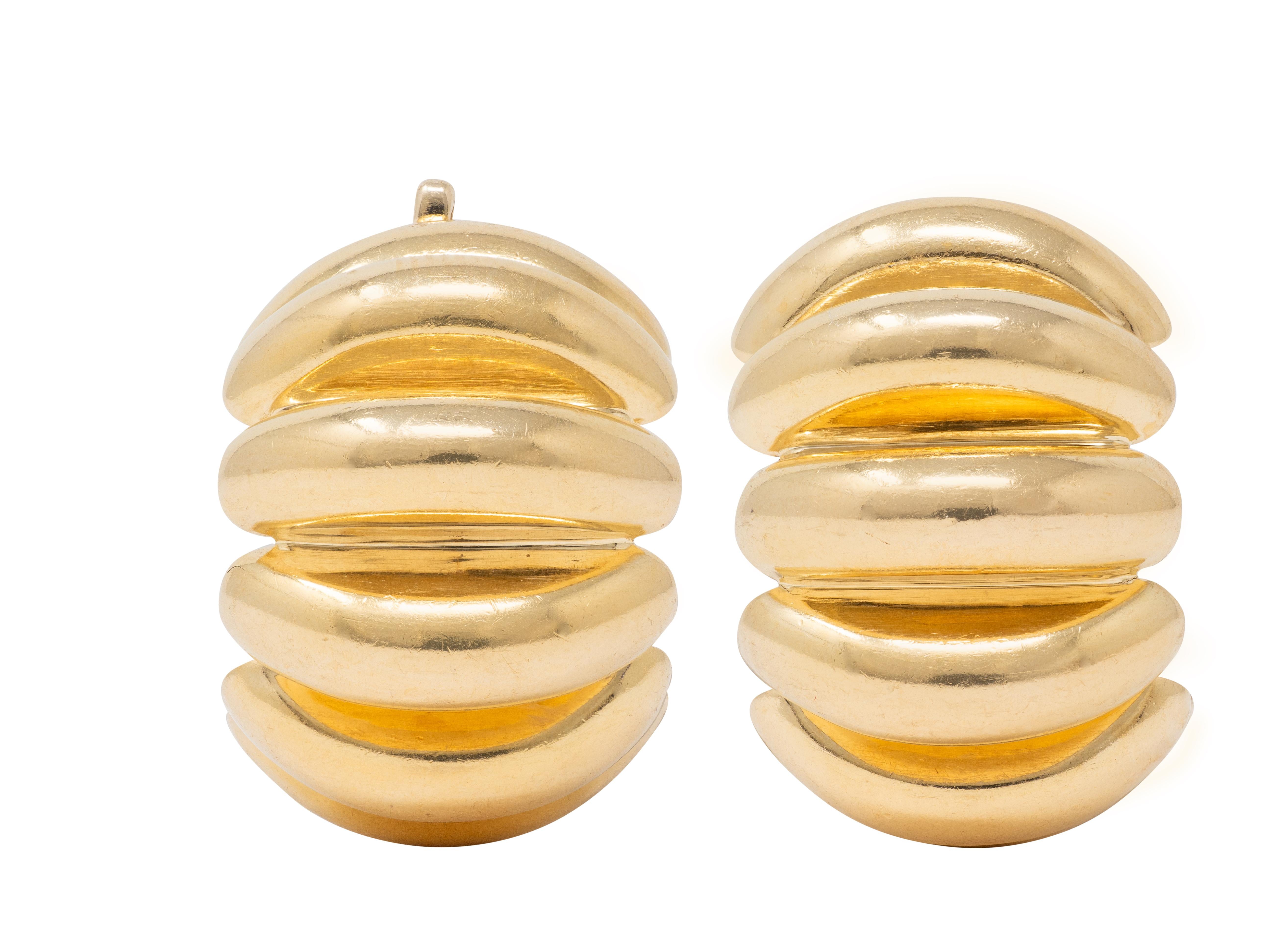 Tiffany & Co. 1960 14 Karat Yellow Gold Vintage Fluted Ear-Clip J-Hoop Earrings