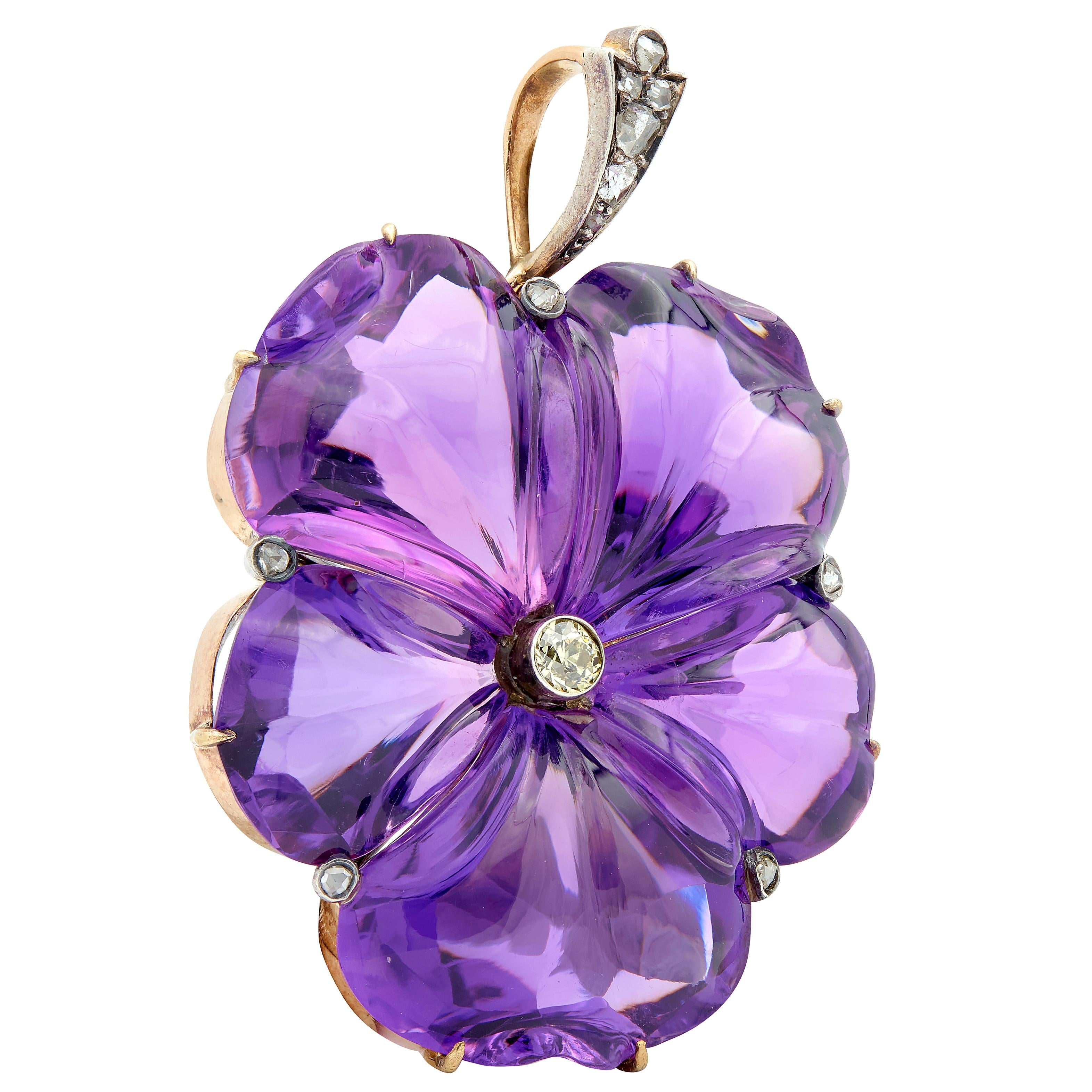 Victorian 1850 Amethyst Diamond Silver 14 Karat Rose Gold Antique Pansy Pendant