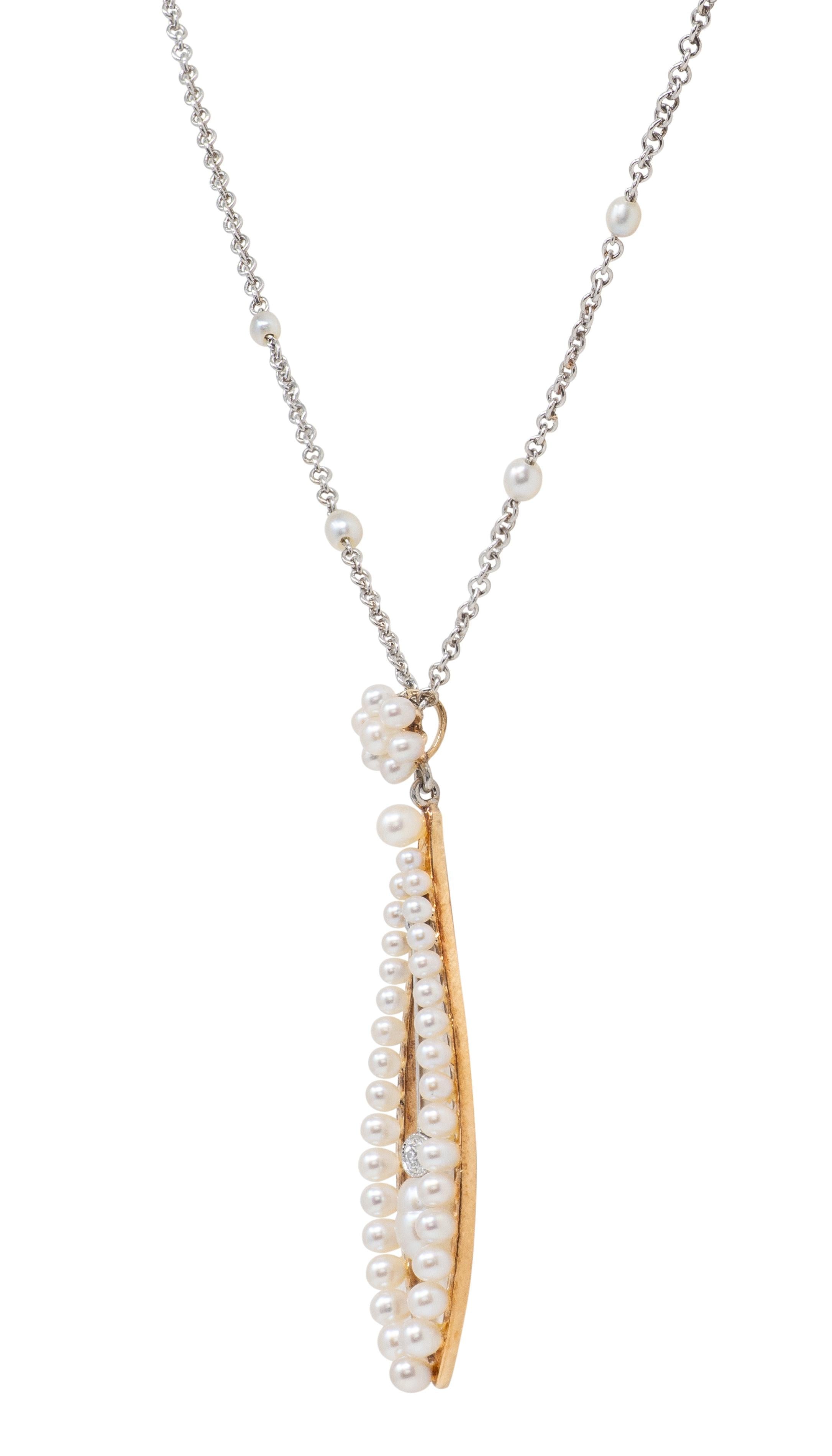 Edwardian Diamond Pearl Platinum 14 Karat Yellow Gold Antique Pendant Necklace