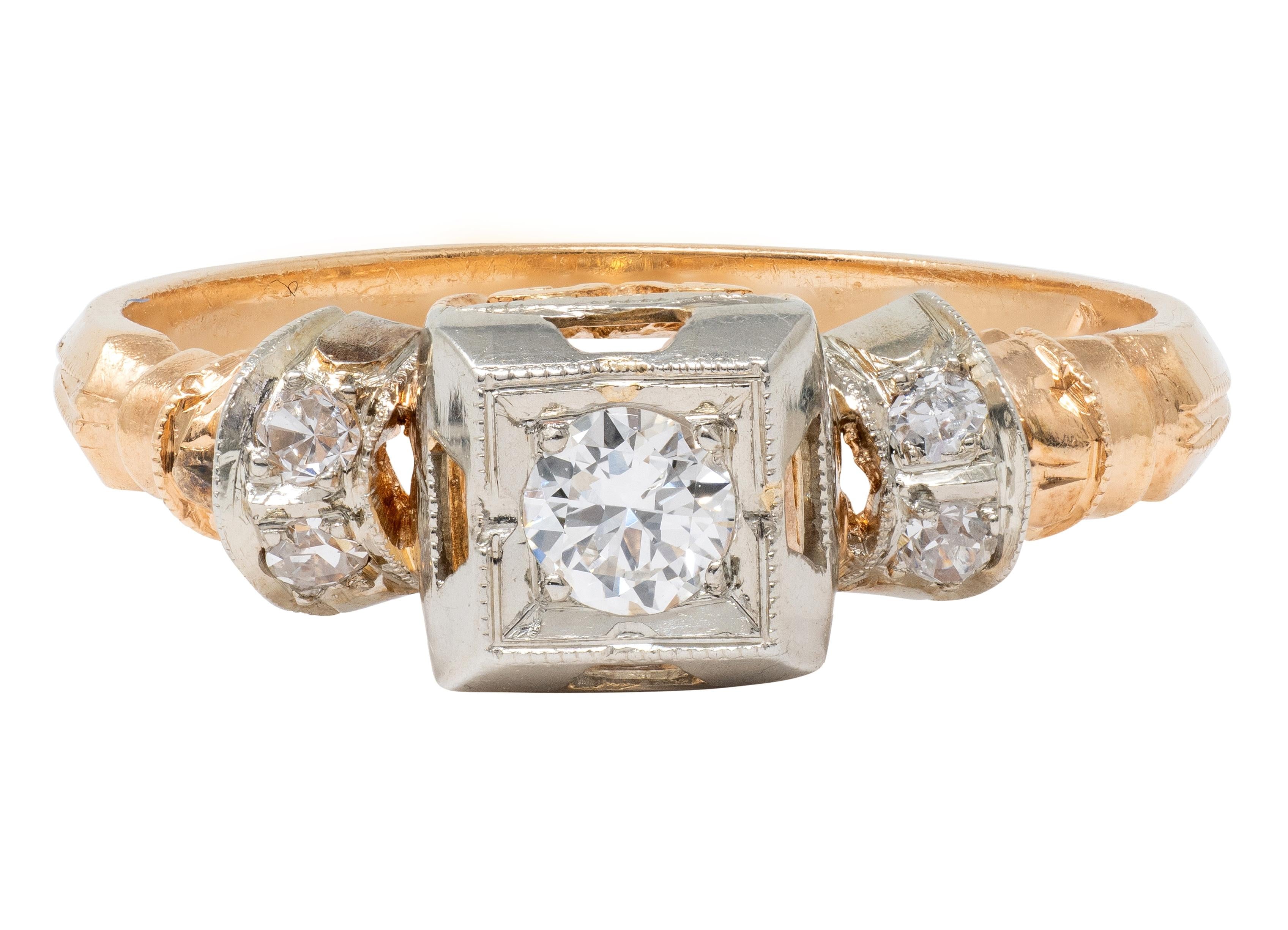 Retro 0.28 CTW Diamond 18 Karat Two-Tone Gold Fanning Vintage Engagement Ring