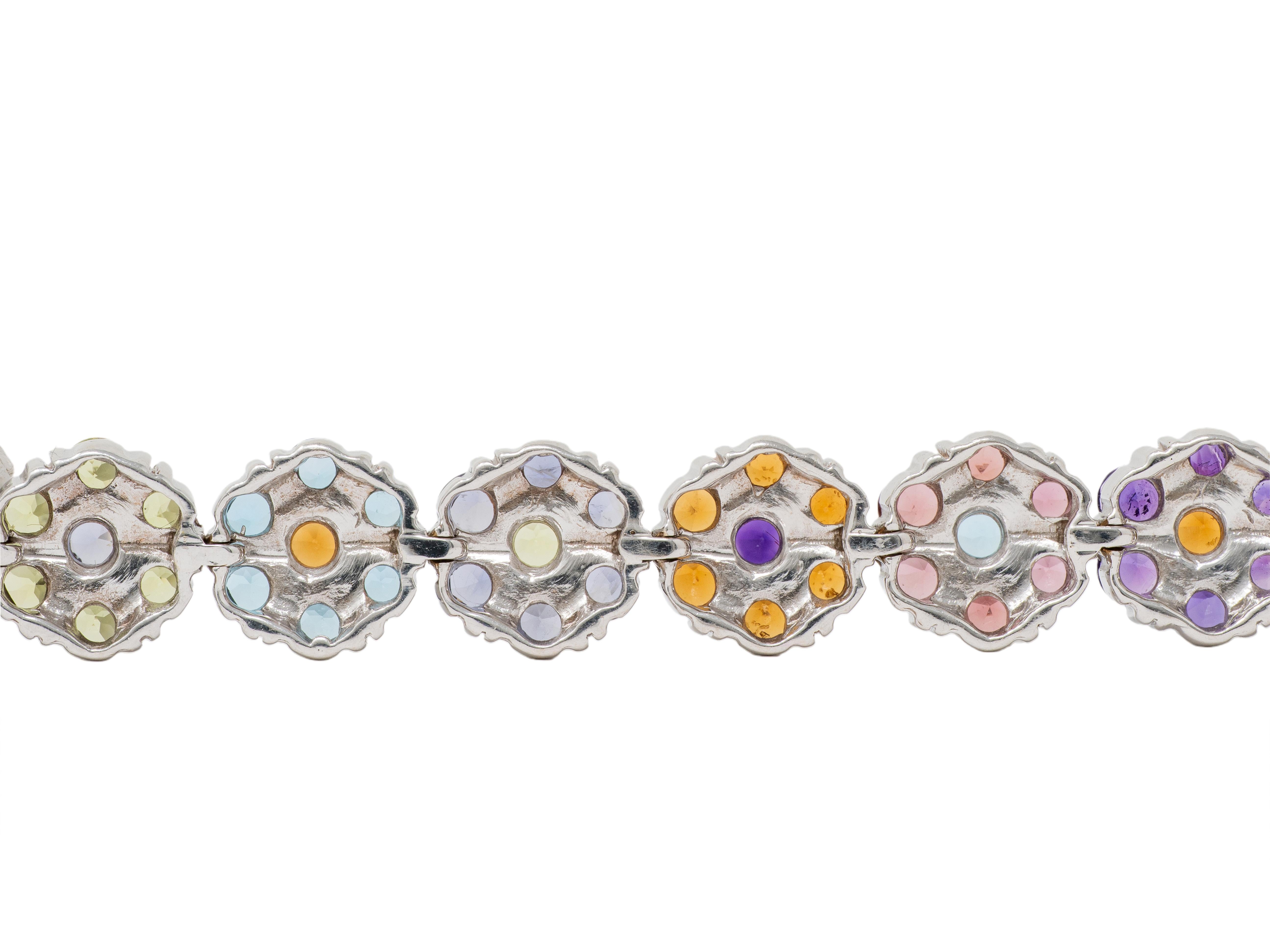 Contemporary Multi-Gem 18 Karat White Gold Floral Link Bracelet