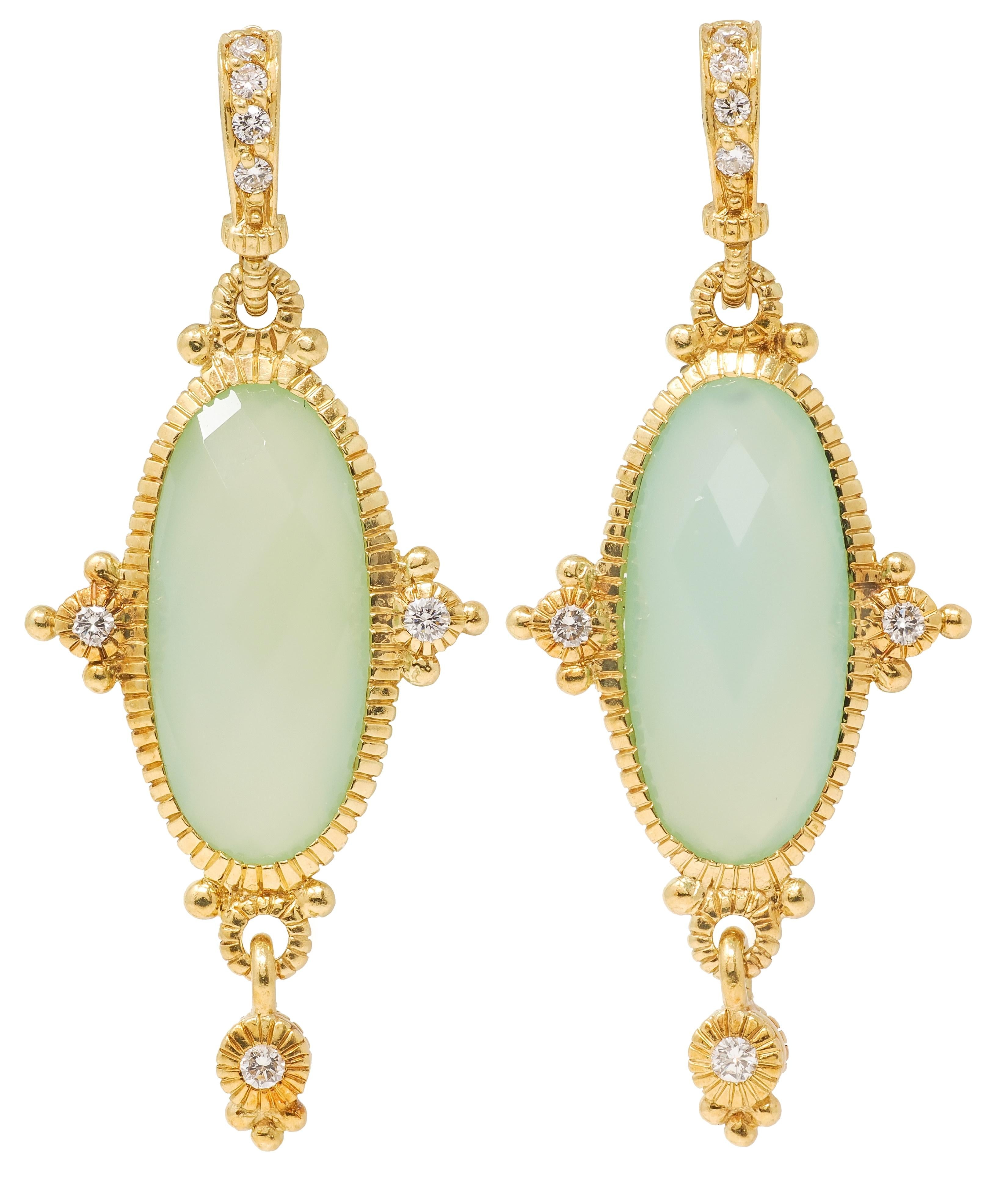 Judith Ripka Diamond Chrysoprase 18 Karat Yellow Gold Drop Earrings
