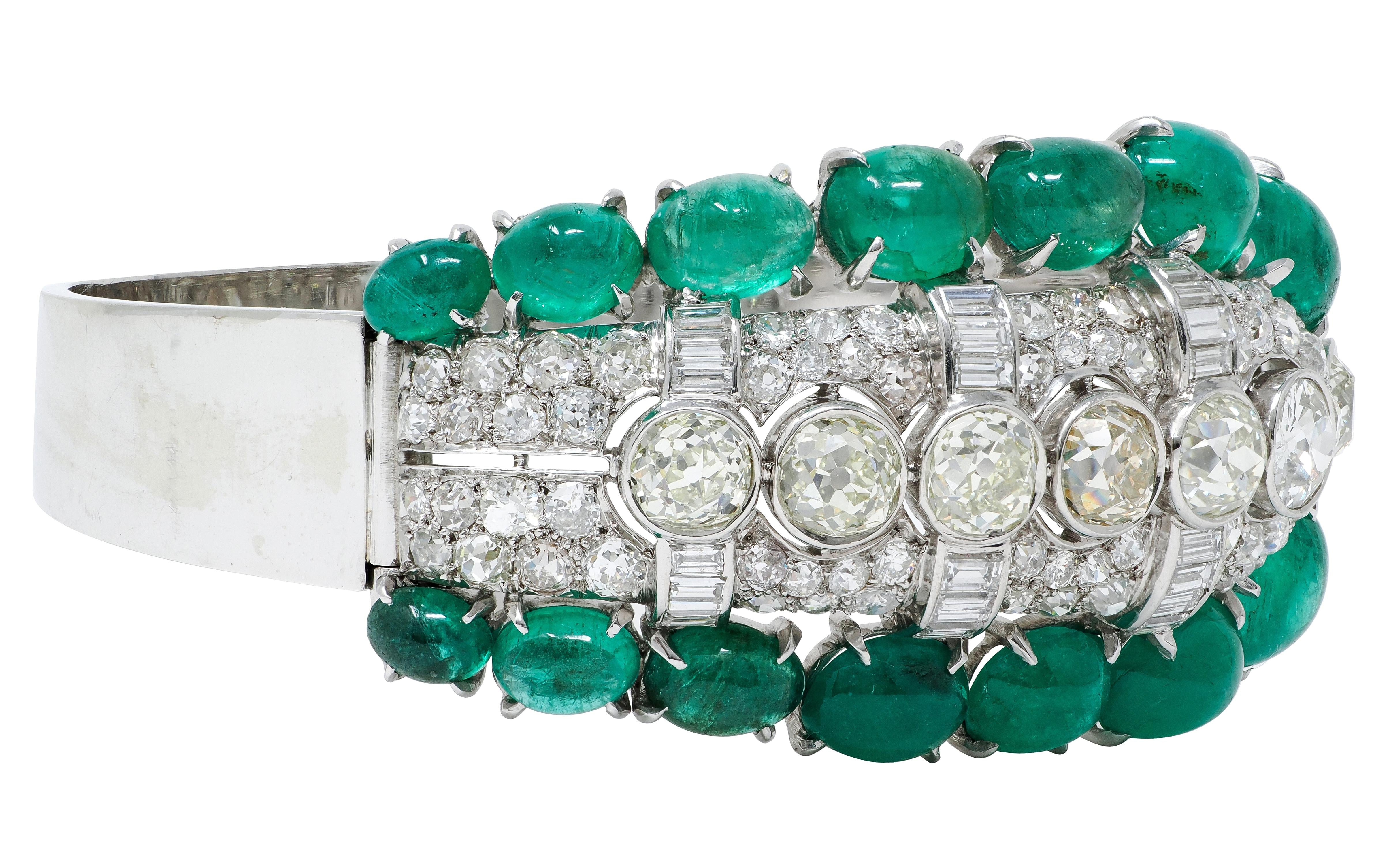 Art Deco 40.30 CTW Diamond Emerald Platinum 14K Gold Vintage Bangle Bracelet