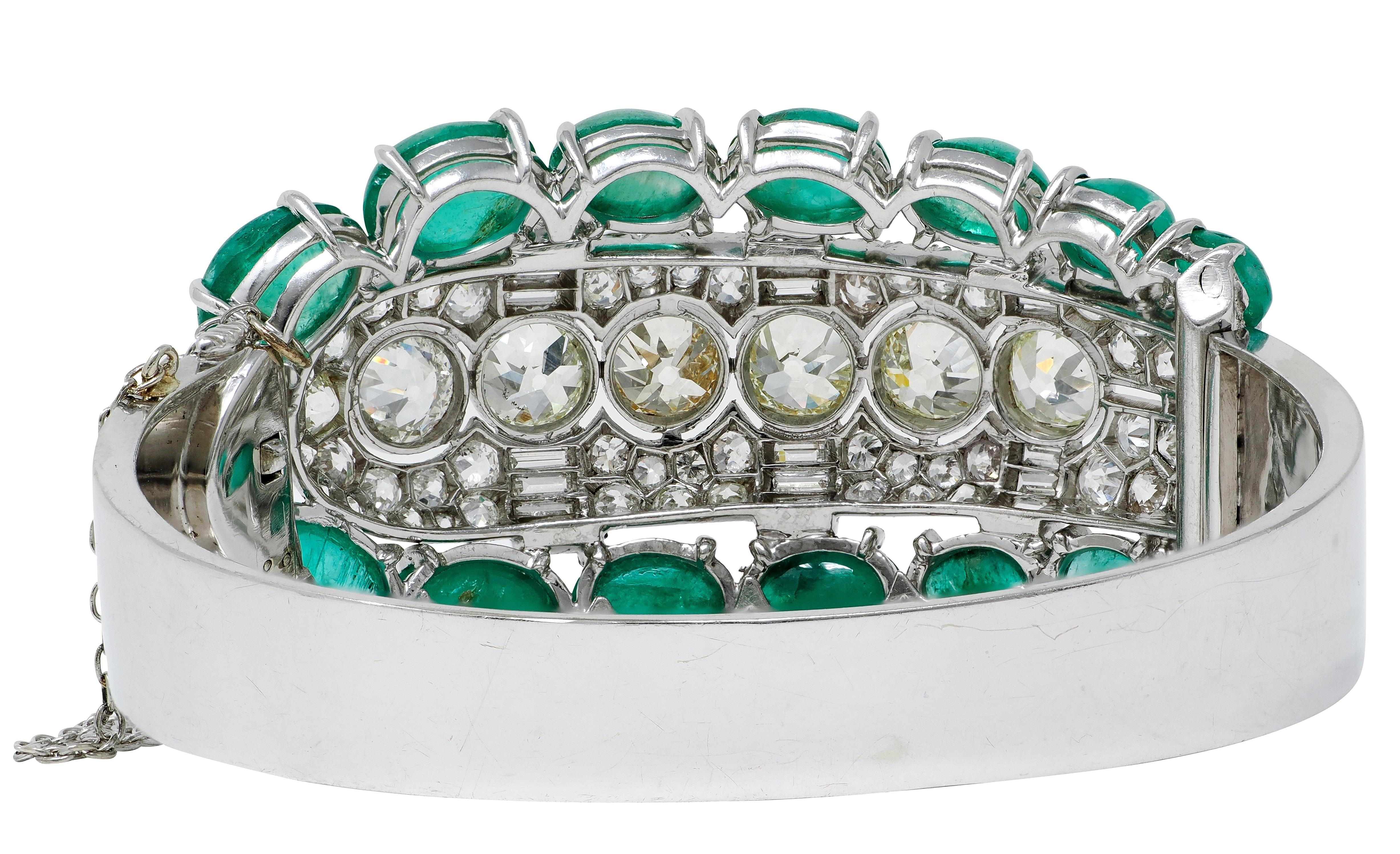 Art Deco 40.30 CTW Diamond Emerald Platinum 14K Gold Vintage Bangle Bracelet