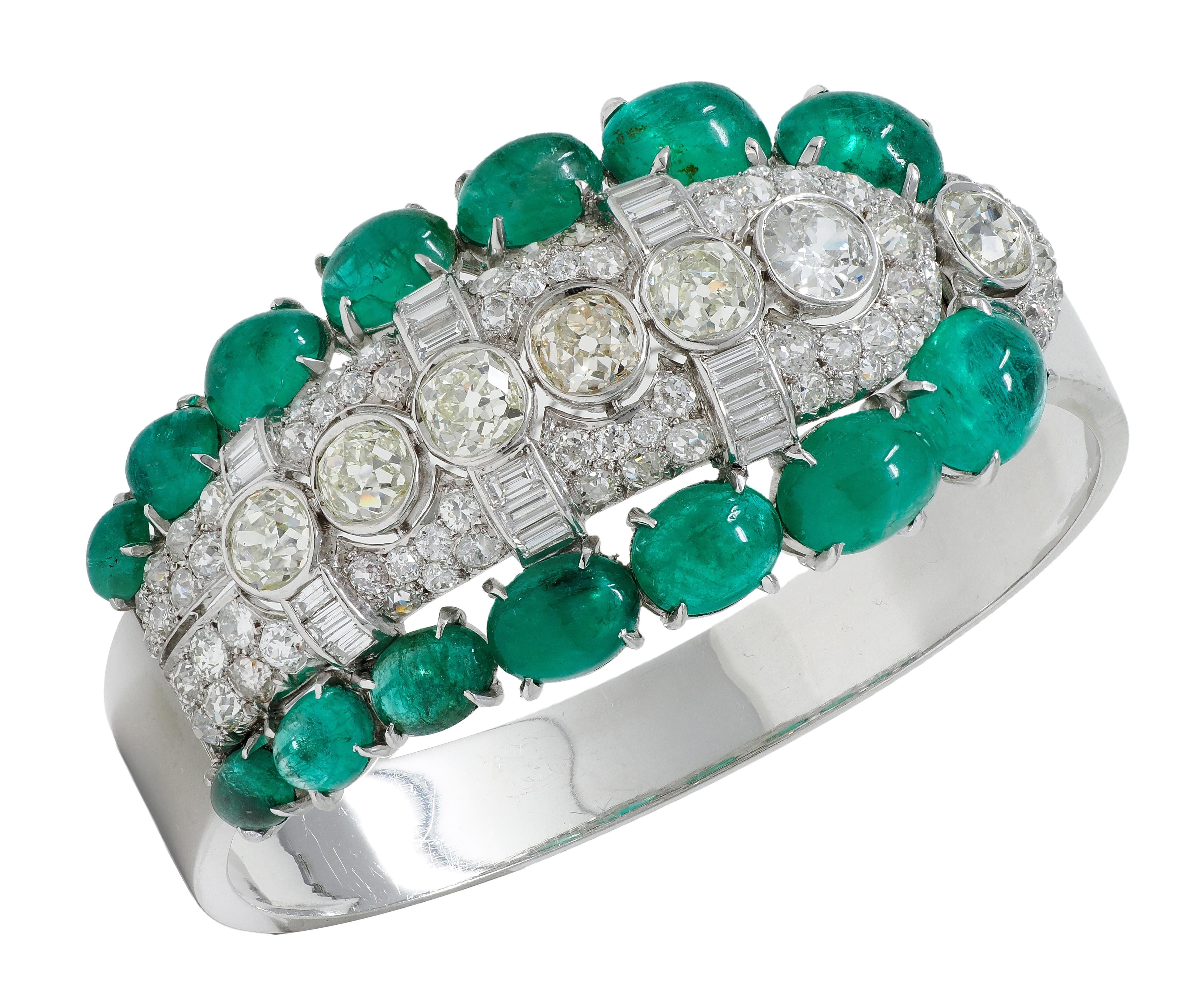 Art Deco 40.30 CTW Diamond Emerald Platinum 14K Gold Vintage Bangle Bracelet