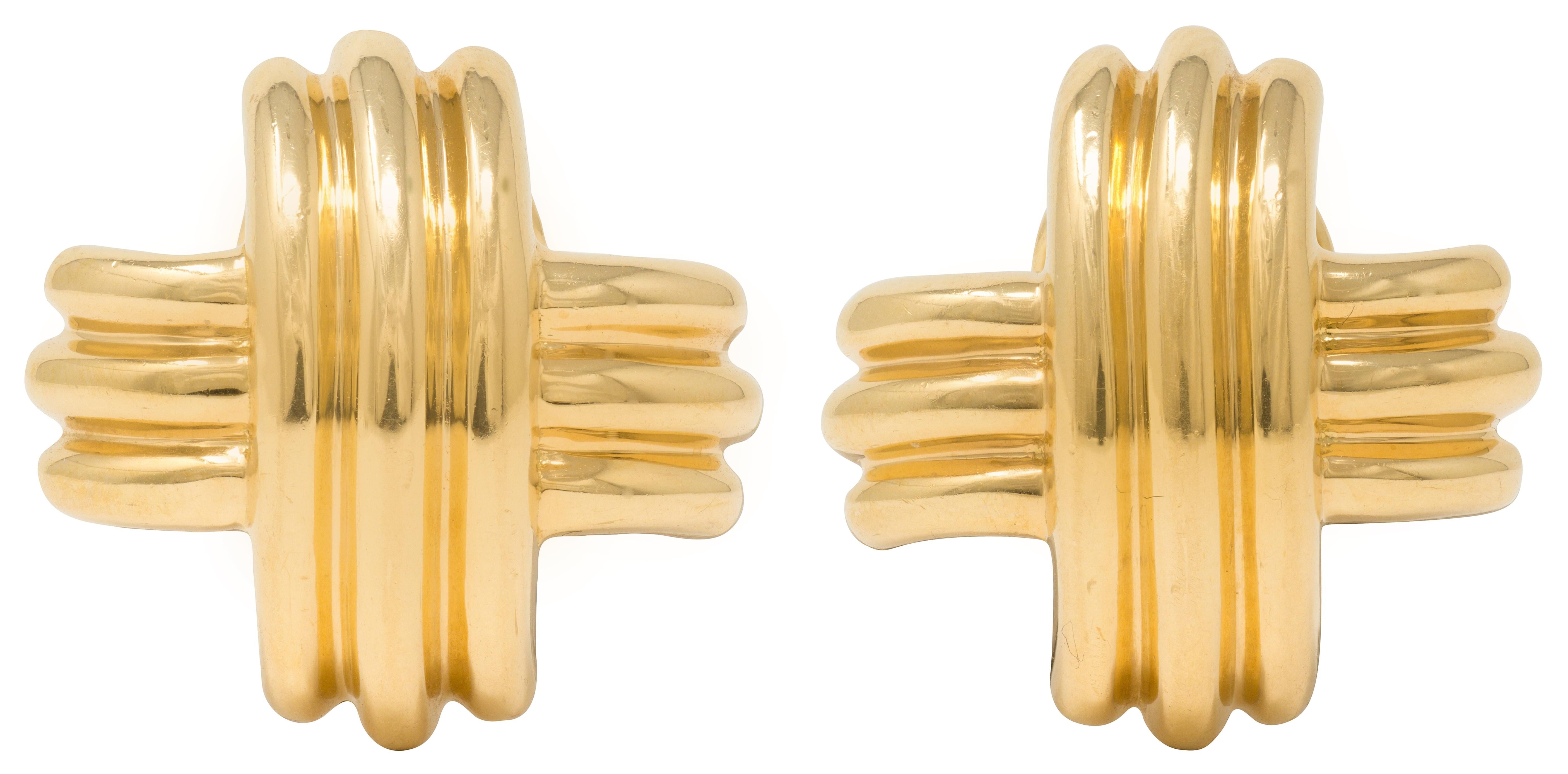 Tiffany & Co. 1990's 18K Yellow Gold Fluted X Kiss Vintage Ear-Clip Earrings