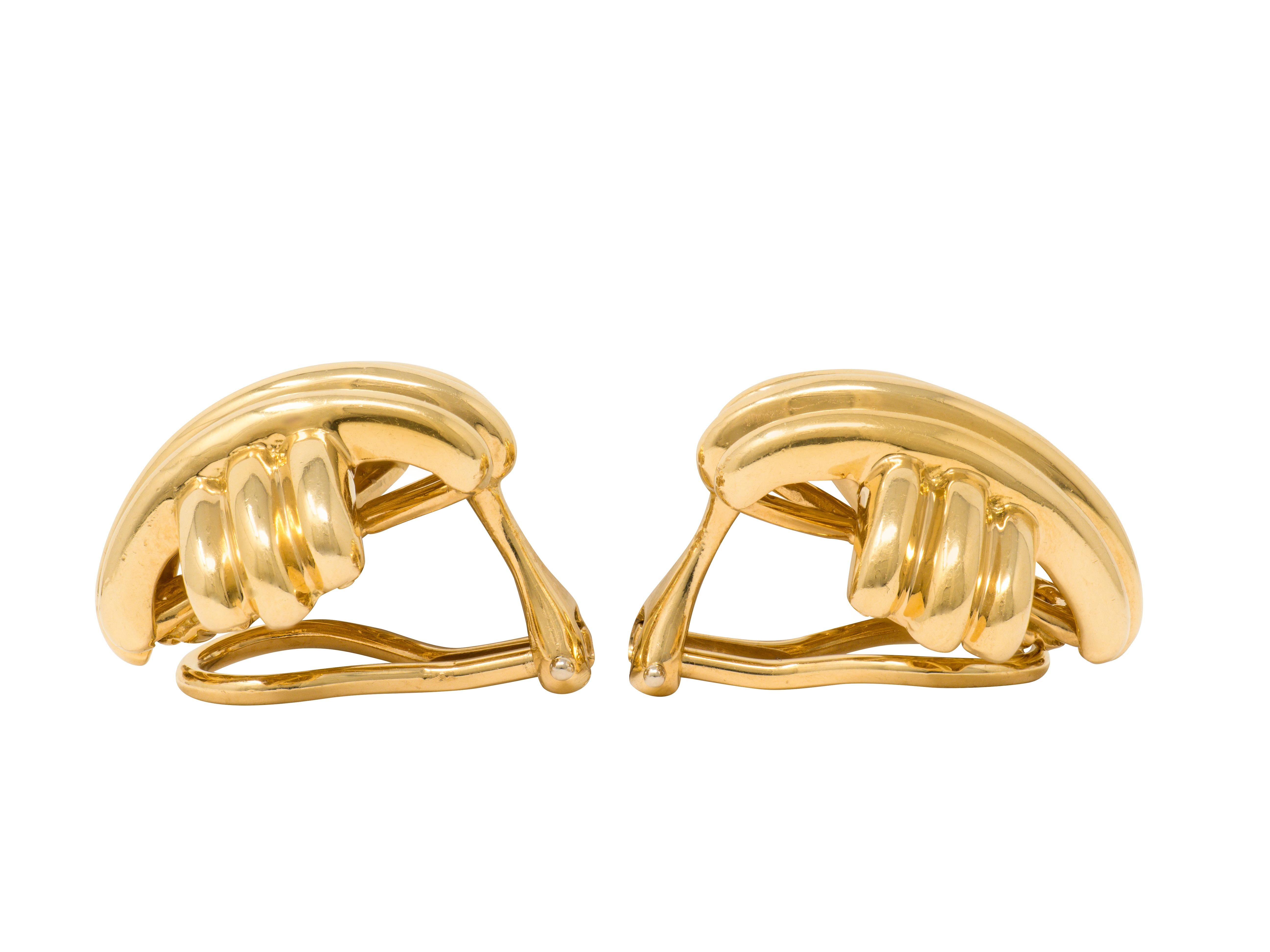 Tiffany & Co. 1990's 18K Yellow Gold Fluted X Kiss Vintage Ear-Clip Earrings