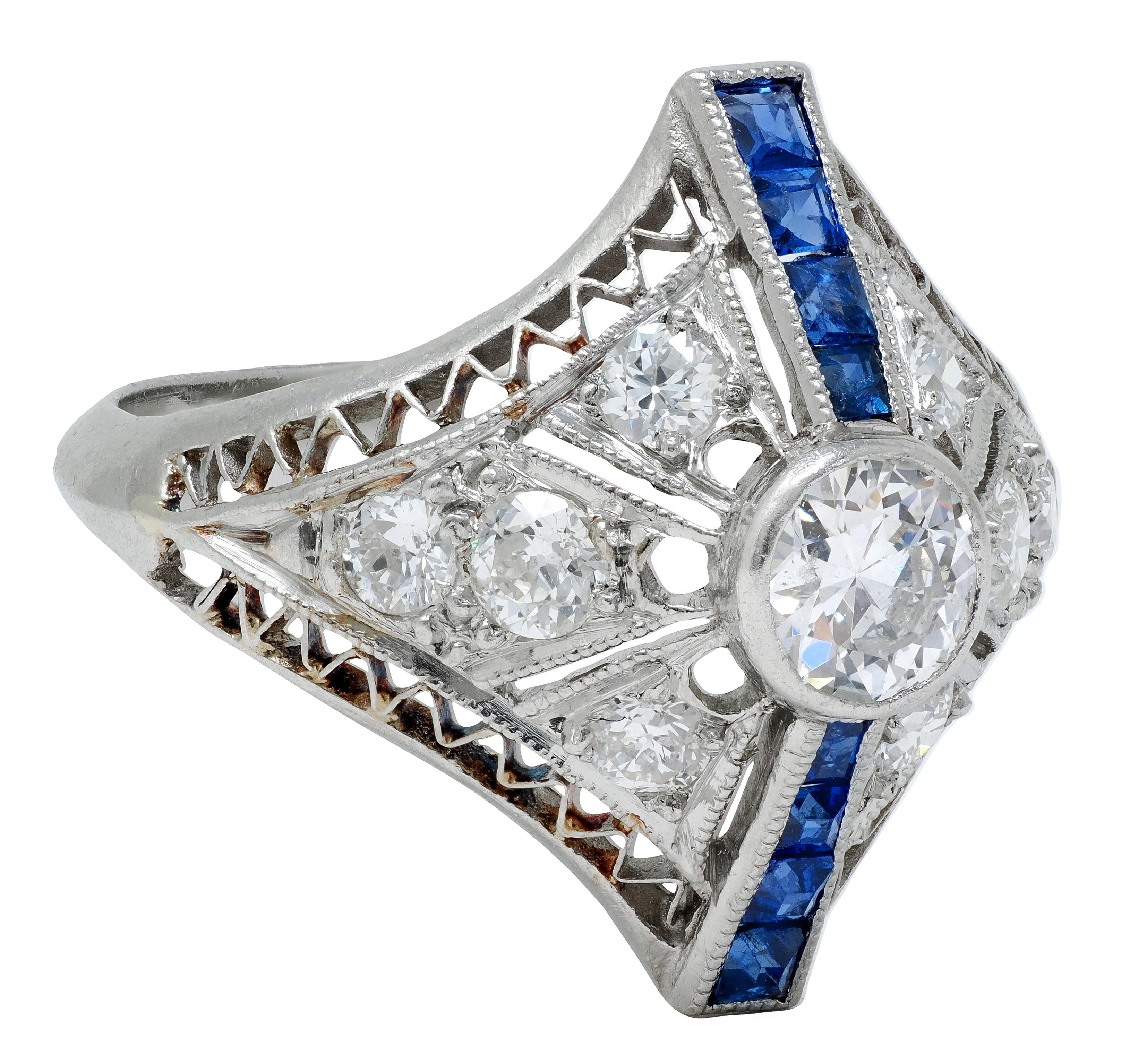 Art Deco Sapphire Diamond Platinum Vintage Zig-Zag Navette Dinner Ring