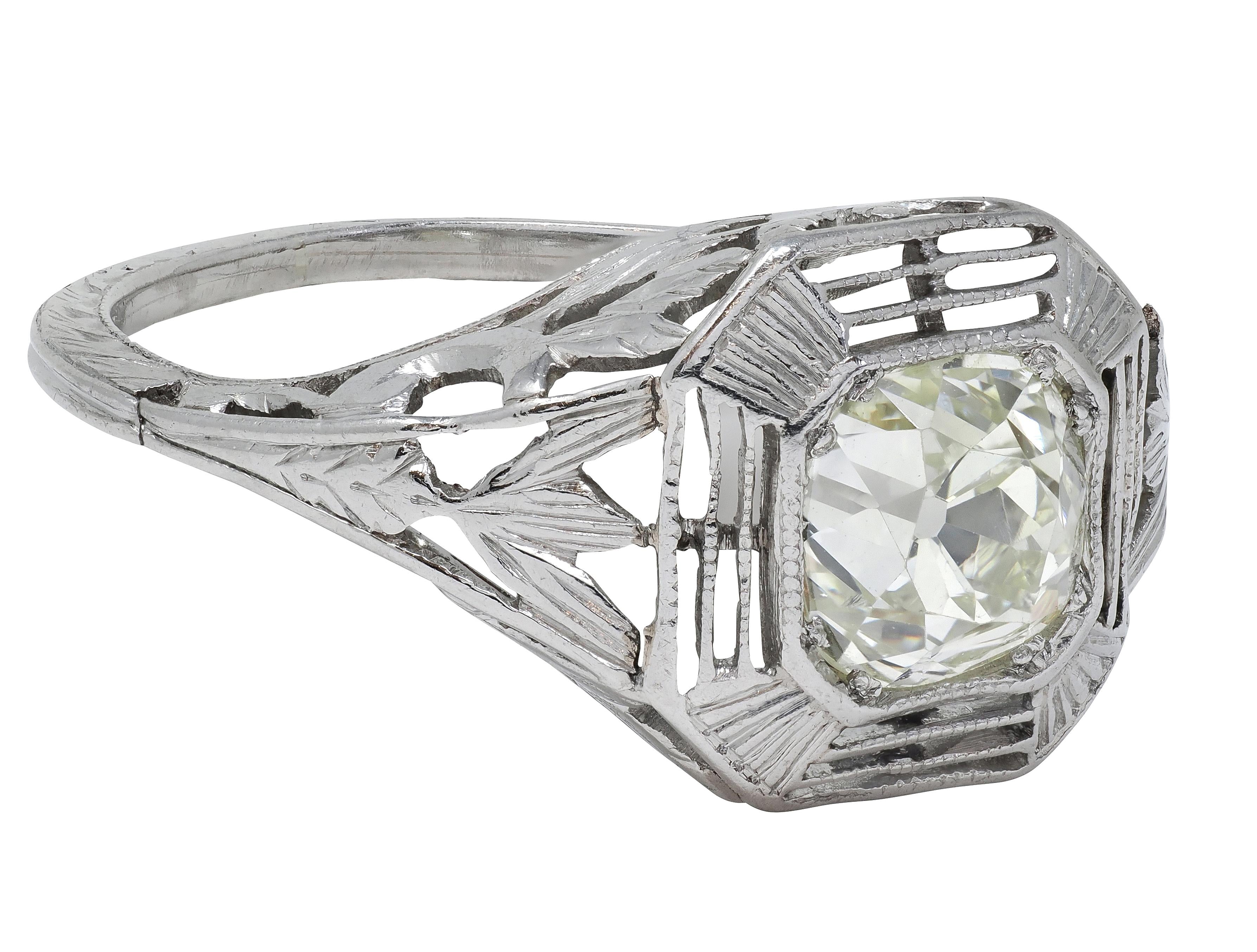Art Deco 0.87 CTW Old Mine Cut Diamond Platinum Lotus Vintage Engagement Ring