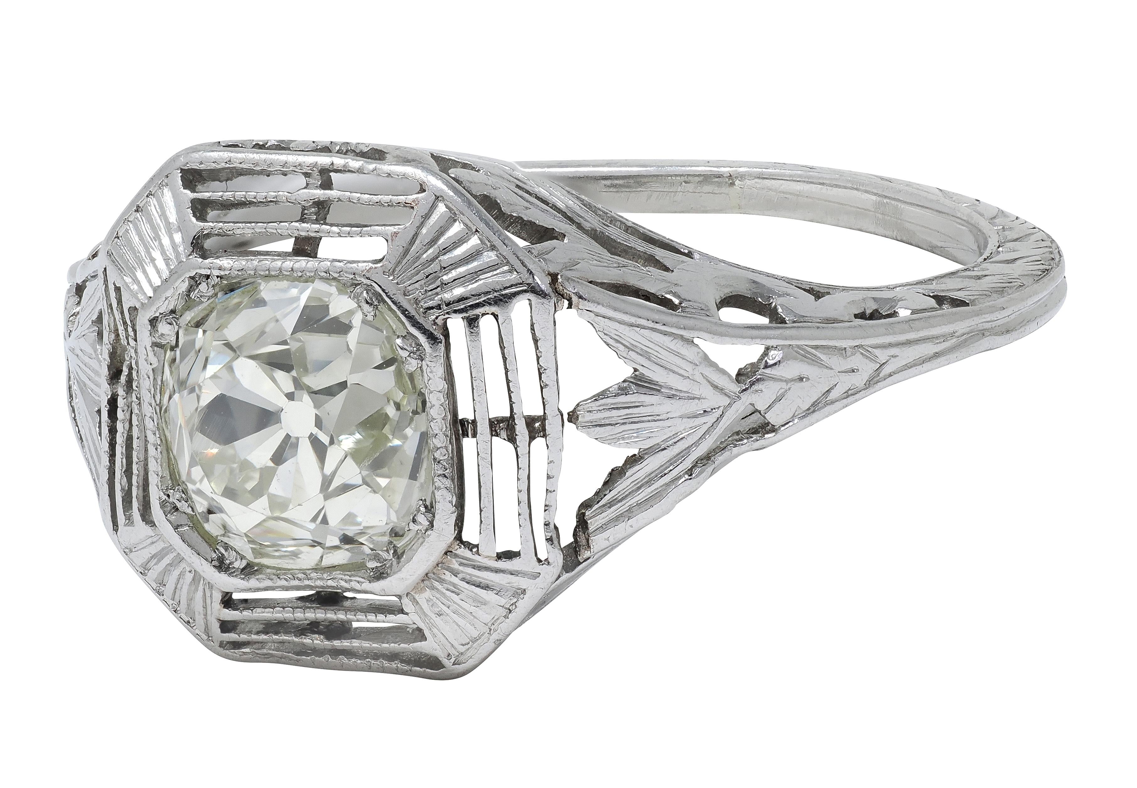 Art Deco 0.87 CTW Old Mine Cut Diamond Platinum Lotus Vintage Engagement Ring