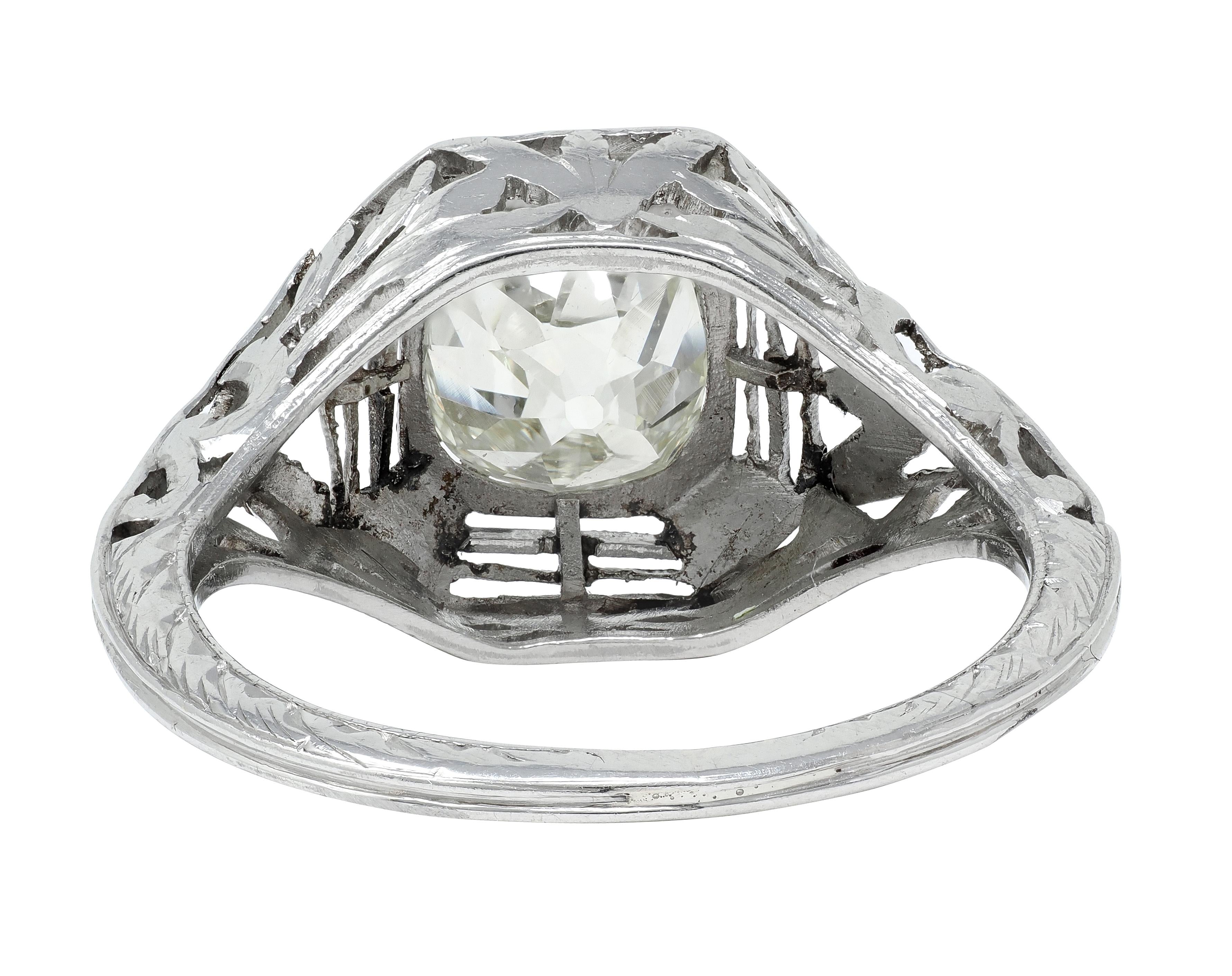 Art Deco 0.87 CTW Old Mine Cut Diamond Platinum Lotus Vintage Engagement Ring