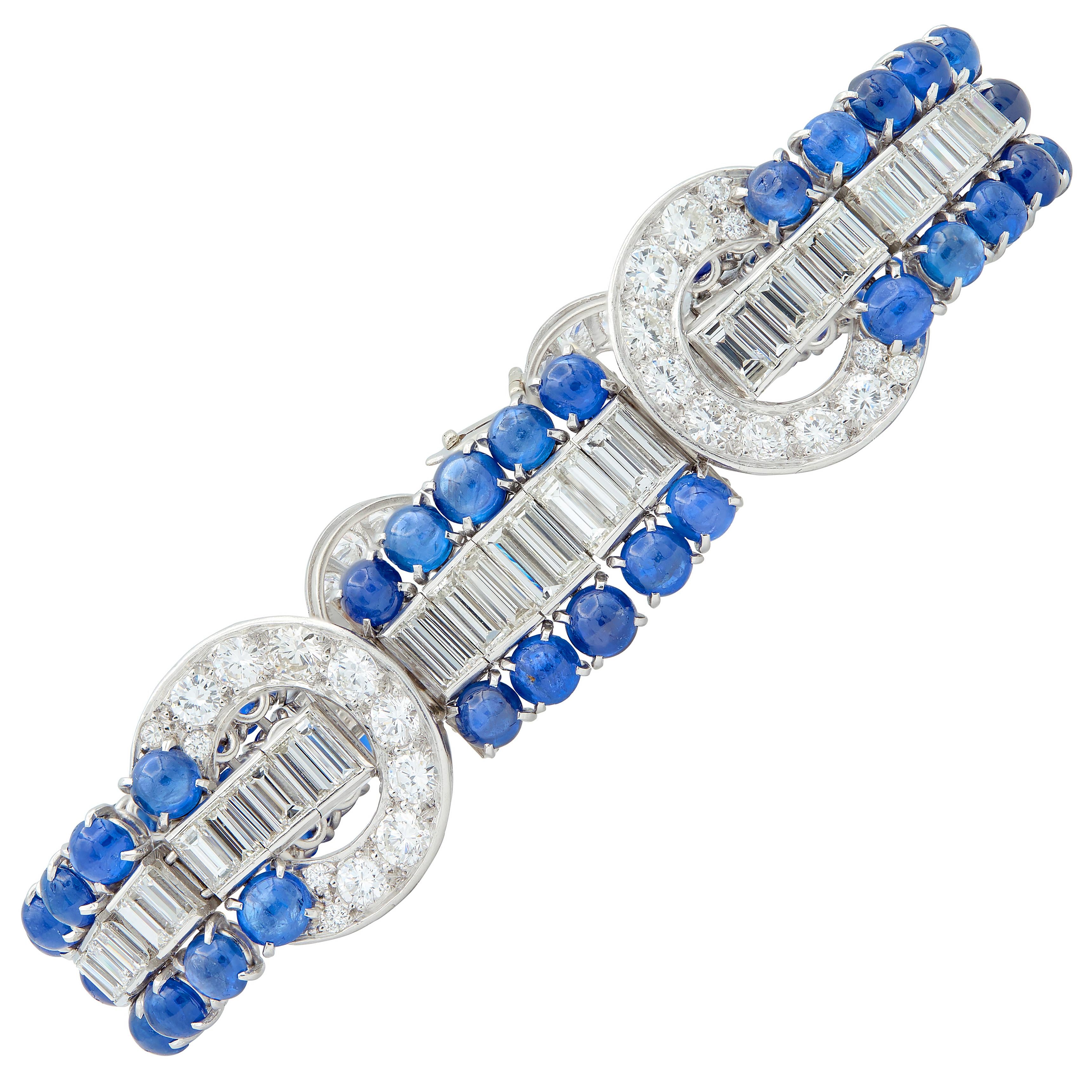 Art Deco 35.50 CTW Sapphire Diamond Platinum Vintage Buckle Line Bracelet