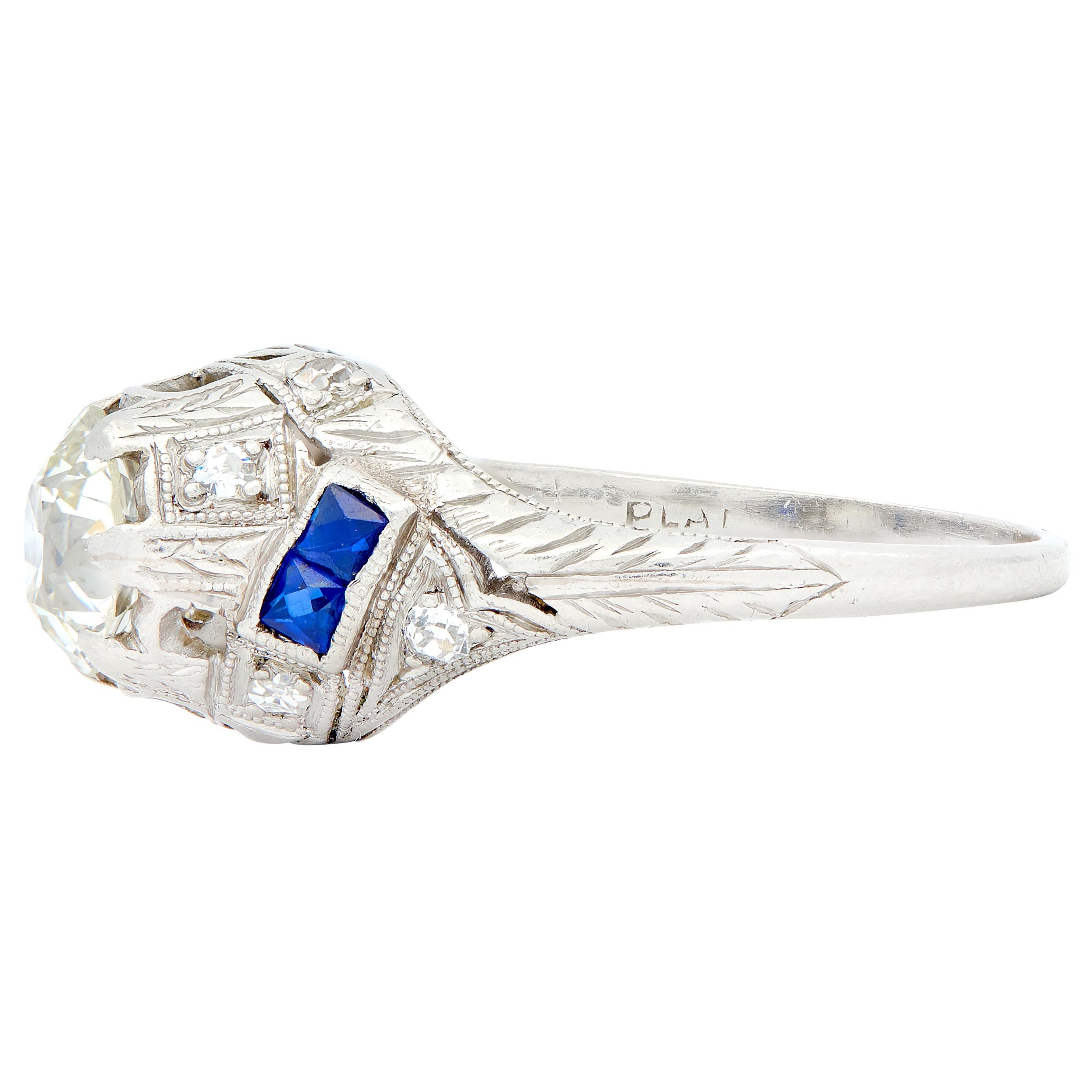 Art Deco 1.24 CTW Old European Diamond Sapphire Platinum Foliate Engagement Ring