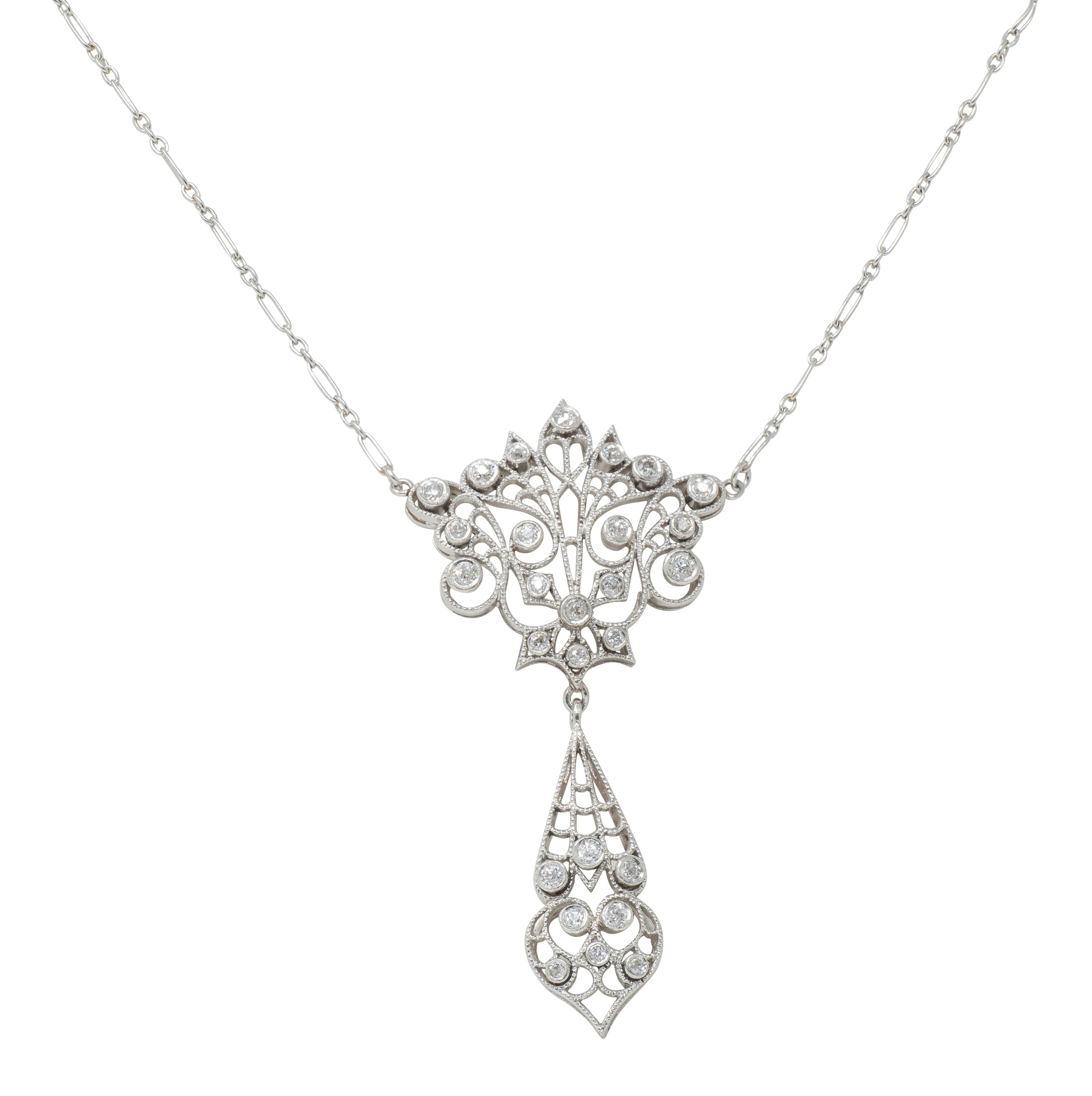 Edwardian Diamond Platinum Antique Peacock Filigree Lavalier Necklace