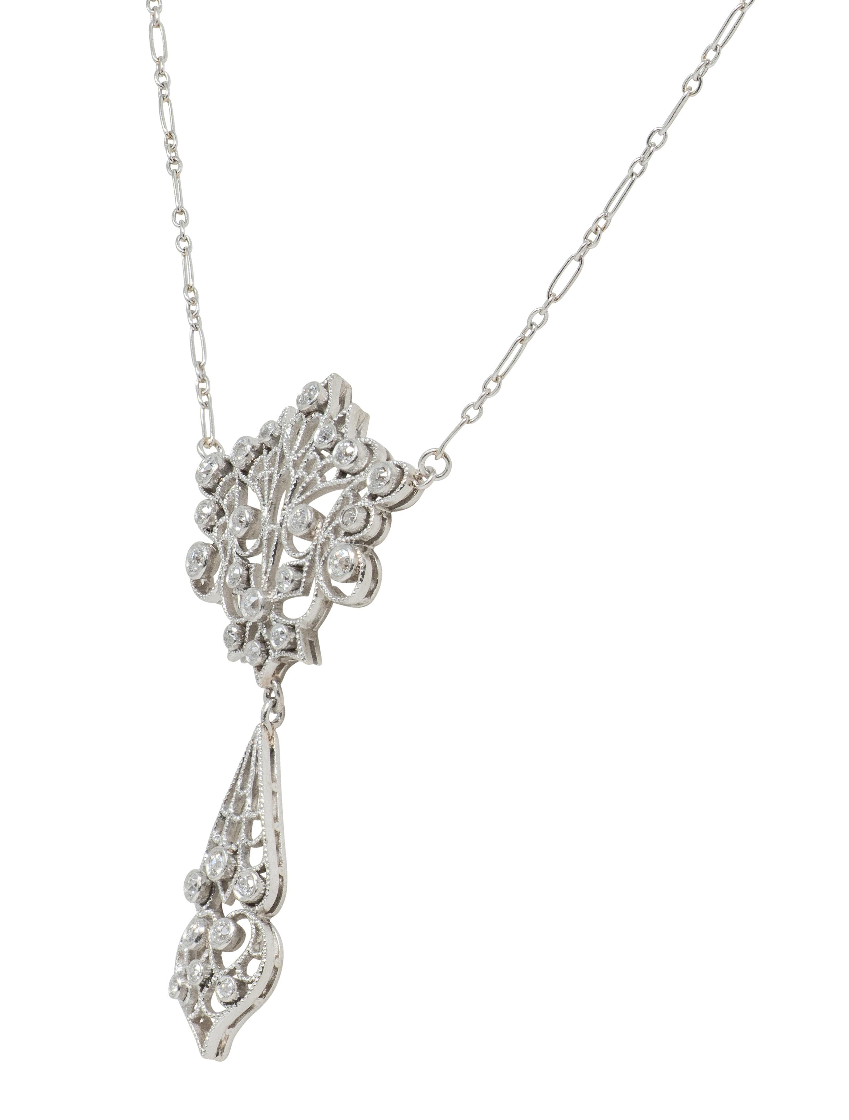 Edwardian Diamond Platinum Antique Peacock Filigree Lavalier Necklace