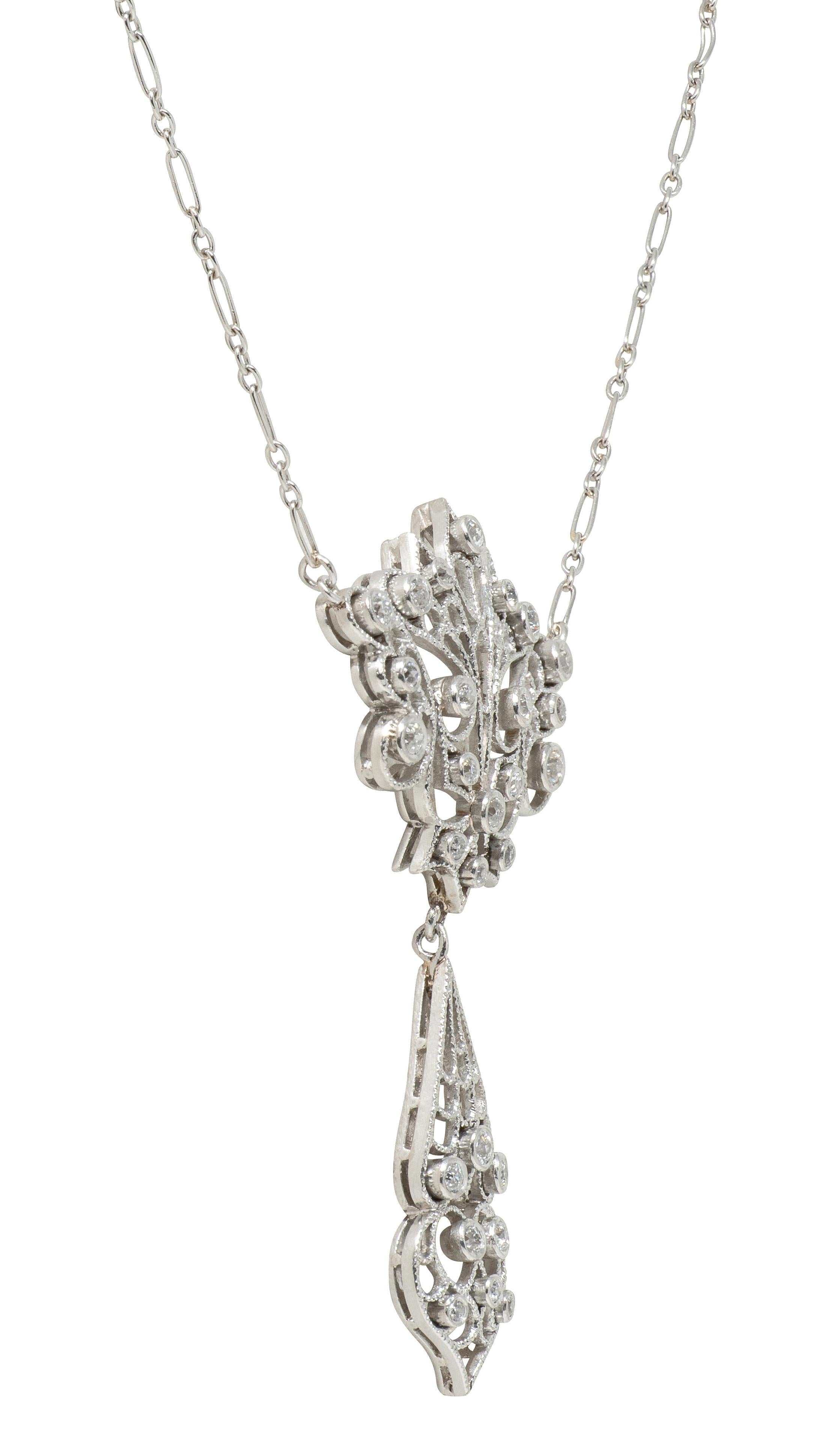 Edwardian Diamond Platinum Antique Peacock Filigree Lavalier Necklace