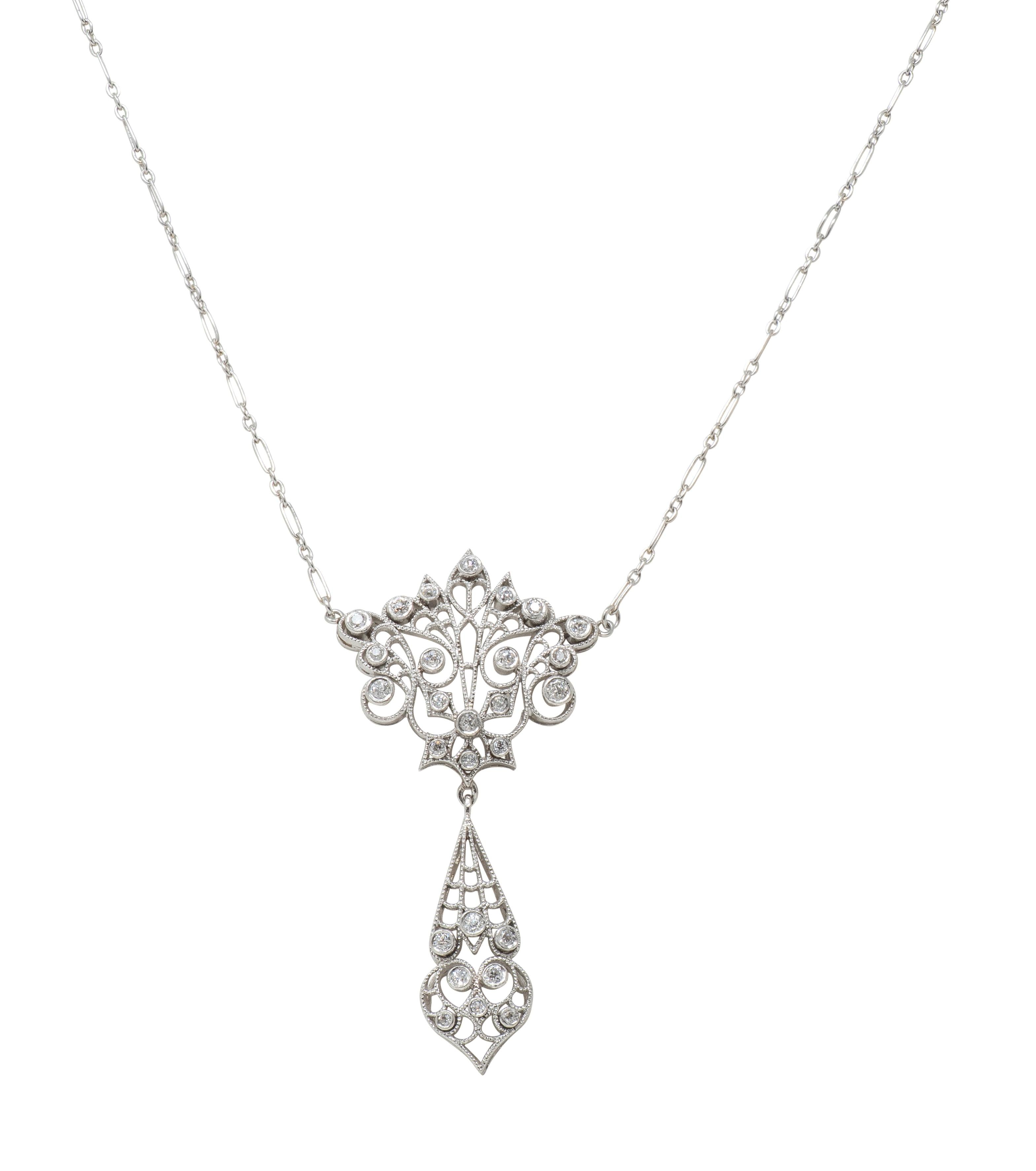 Edwardian Diamond Platinum Antique Peacock Filigree Lavalier Necklace