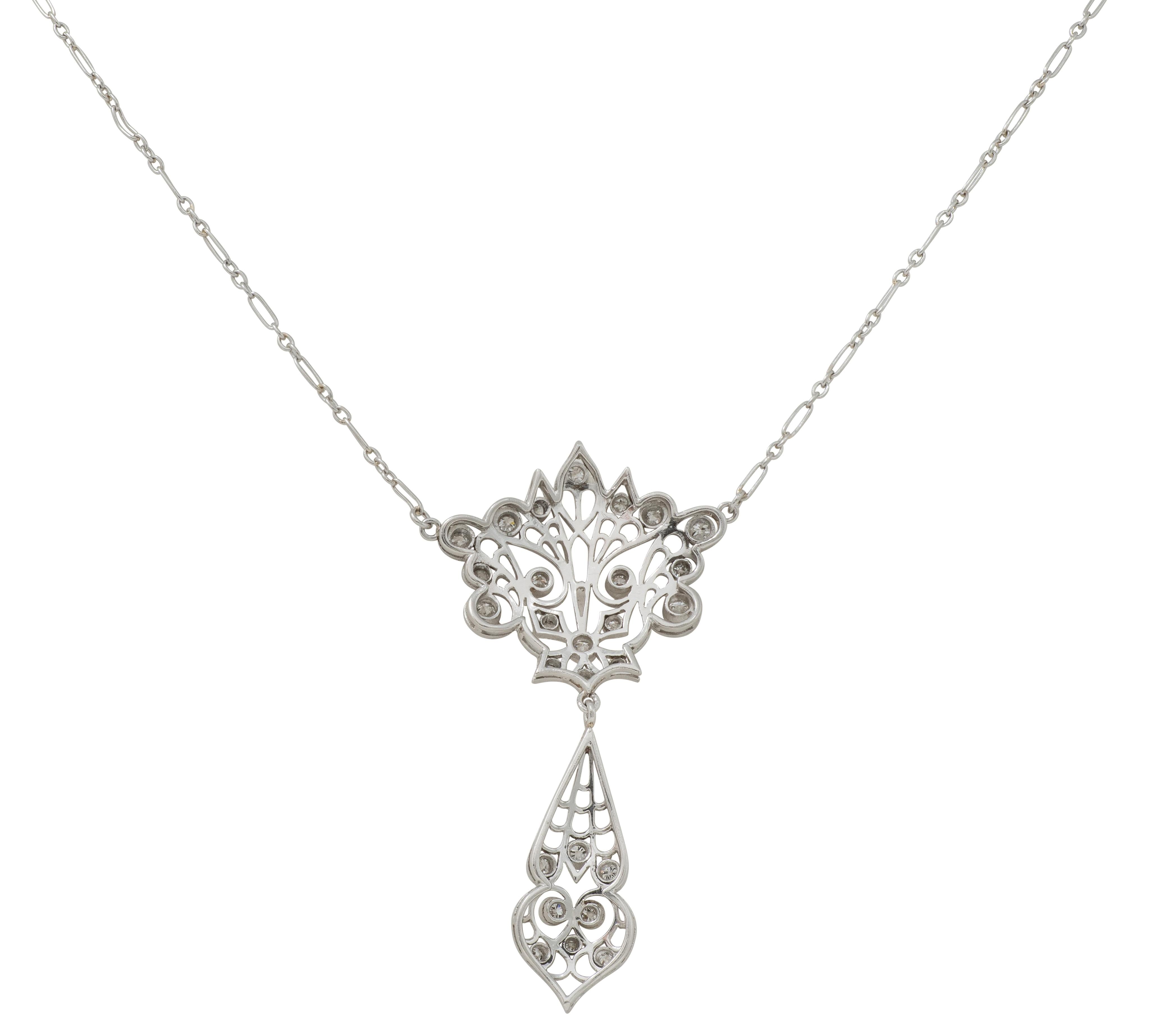 Edwardian Diamond Platinum Antique Peacock Filigree Lavalier Necklace