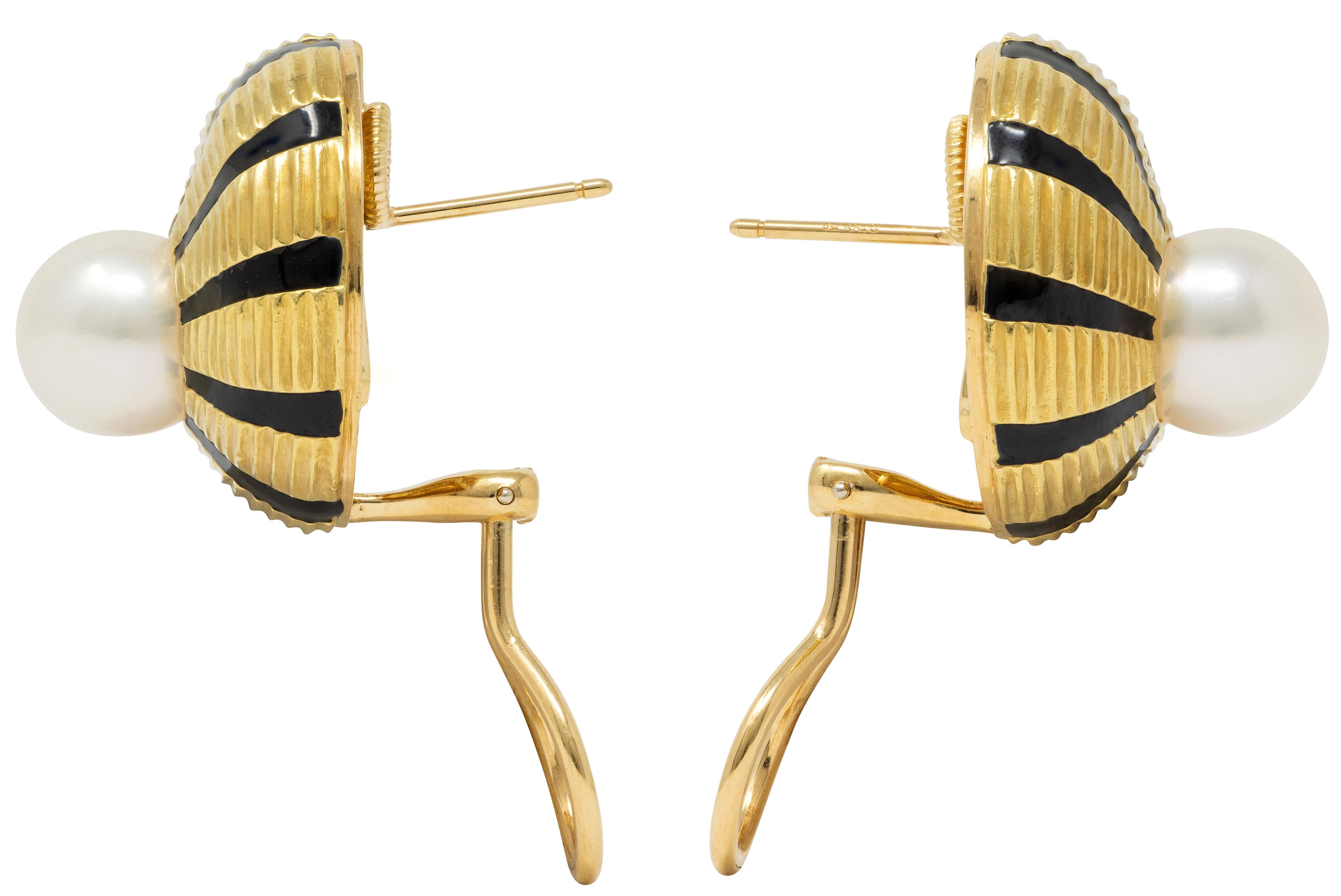 Tiffany & Co. Schlumberger 1970 Pearl Enamel 18K Gold Vintage Taj Mahal Earrings
