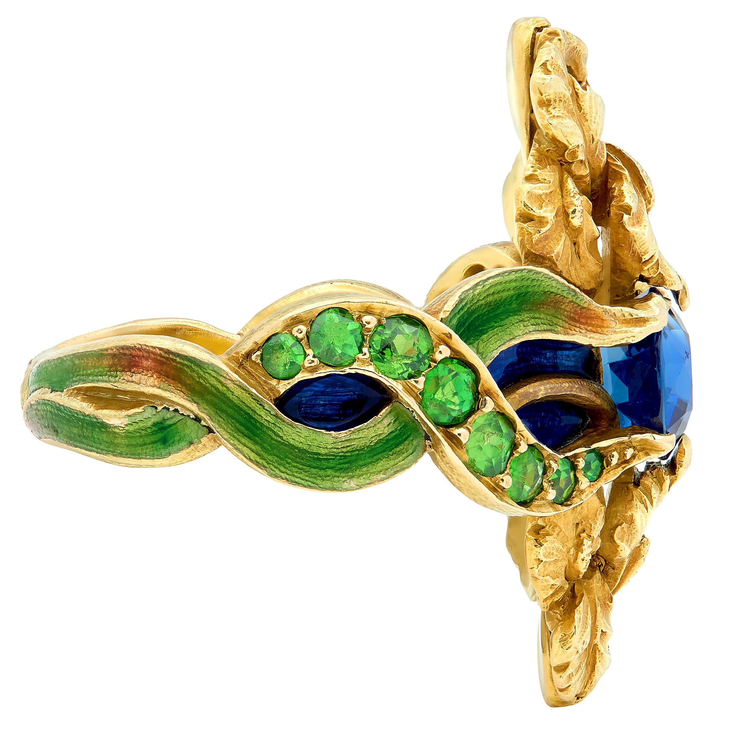 Marcus & Co. Art Nouveau Sapphire Enamel Demantoid 14K Gold Antique Iris Ring