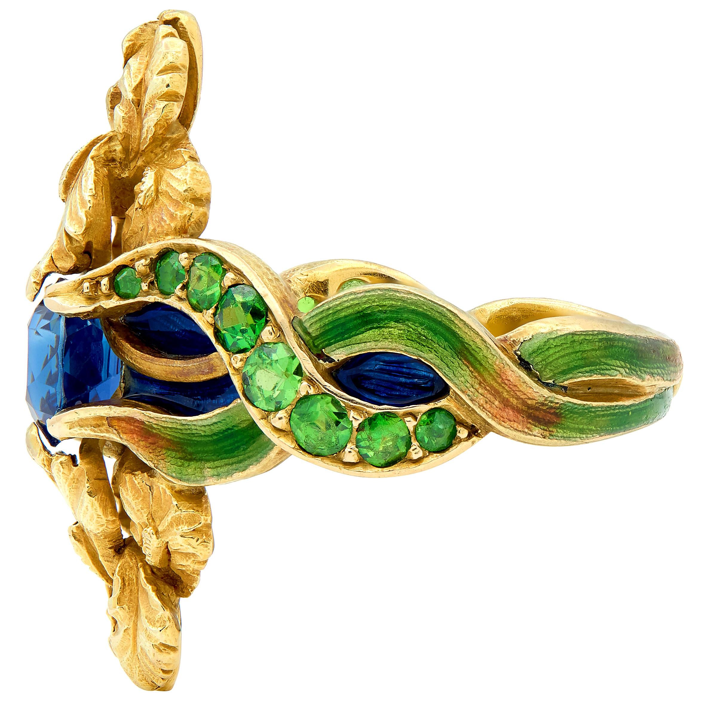 Marcus & Co. Art Nouveau Sapphire Enamel Demantoid 14K Gold Antique Iris Ring