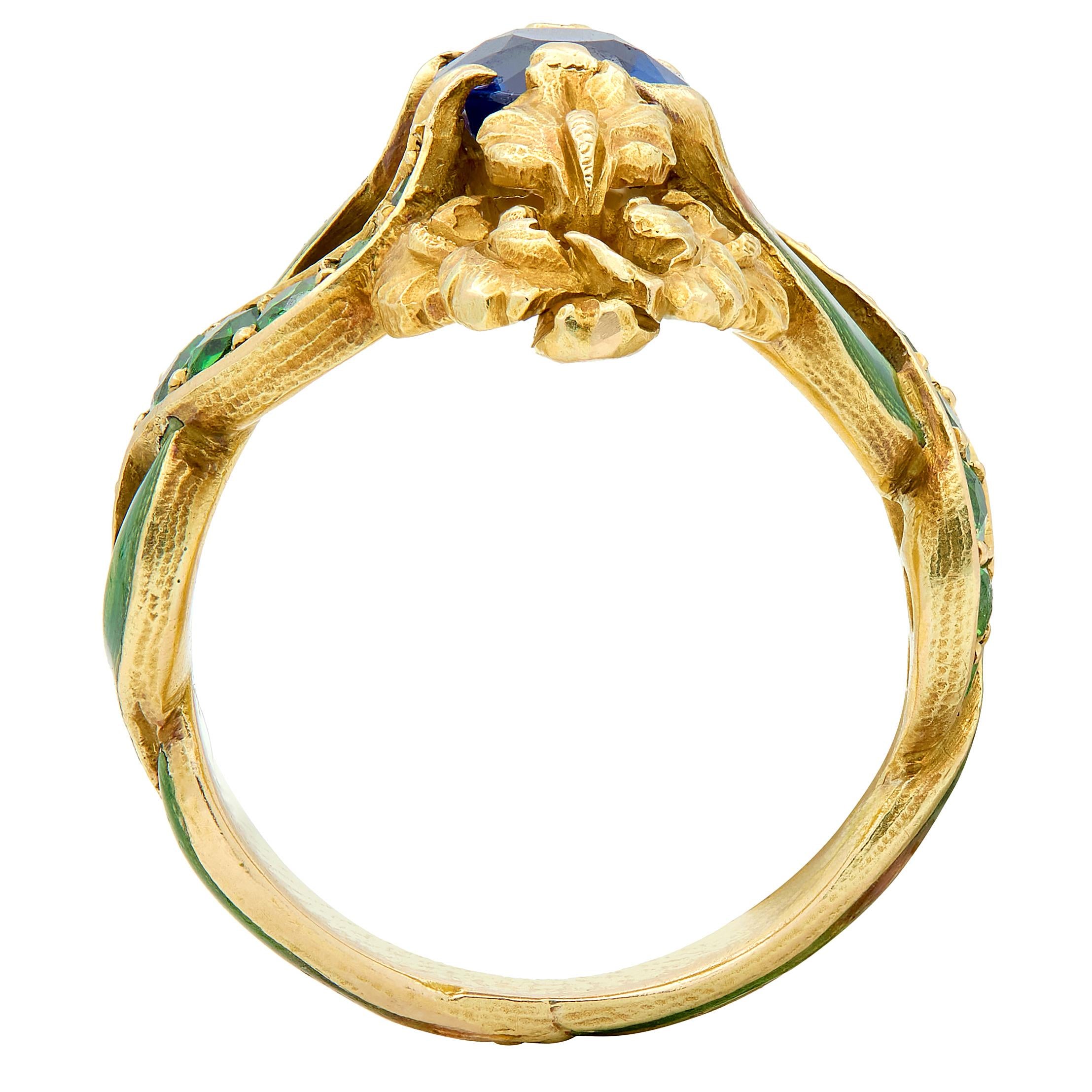 Marcus & Co. Art Nouveau Sapphire Enamel Demantoid 14K Gold Antique Iris Ring