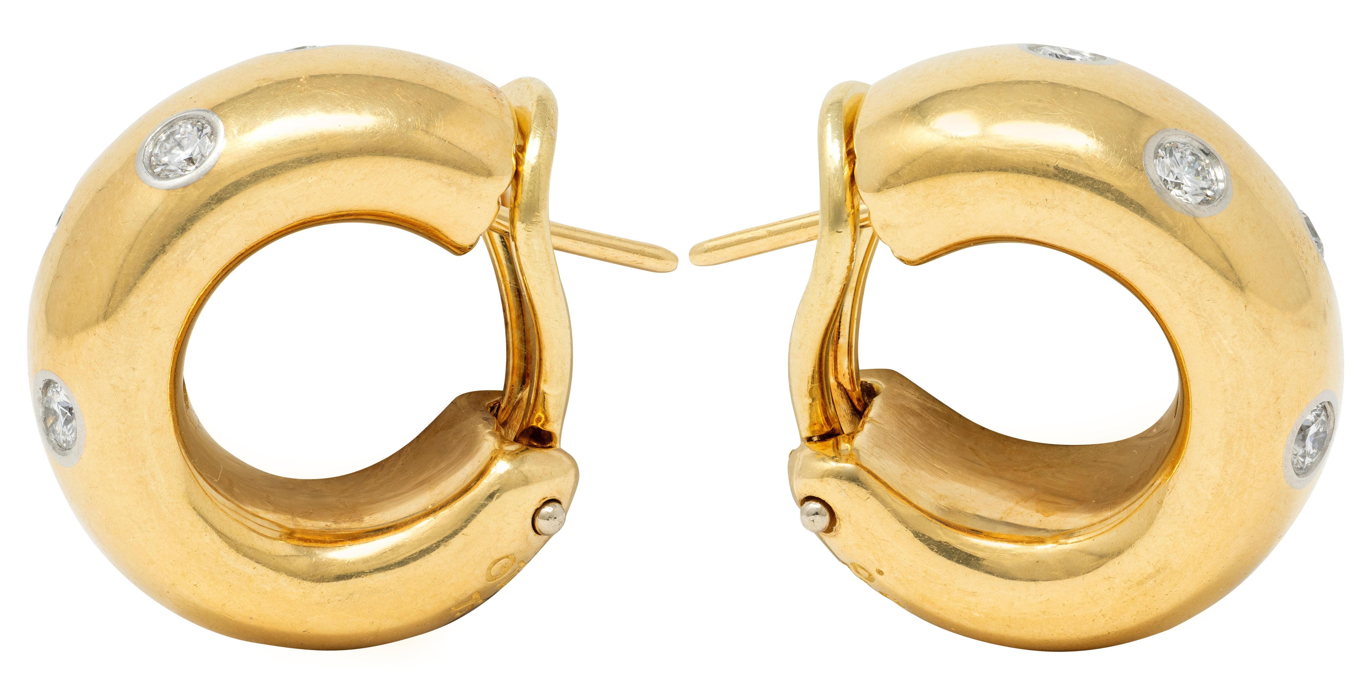 Tiffany & Co. 2000's Diamond Platinum 18K Yellow Gold Etoile J-Hoop Earrings