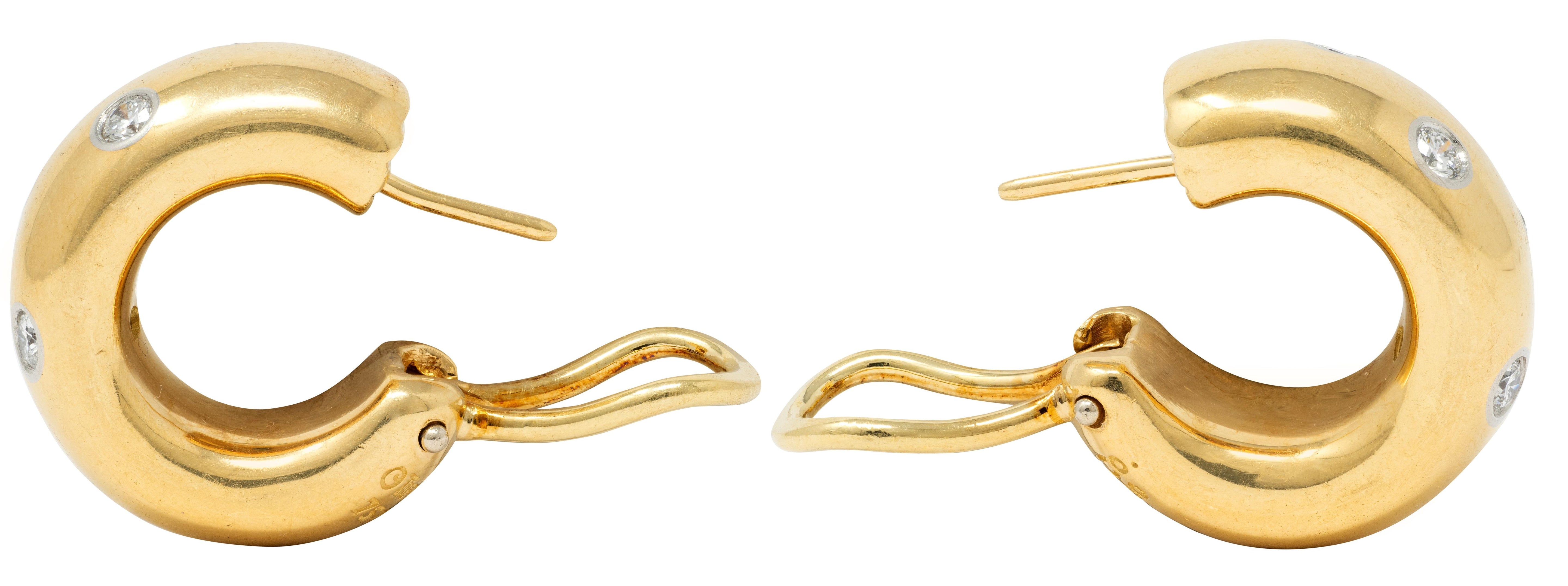 Tiffany & Co. 2000's Diamond Platinum 18K Yellow Gold Etoile J-Hoop Earrings