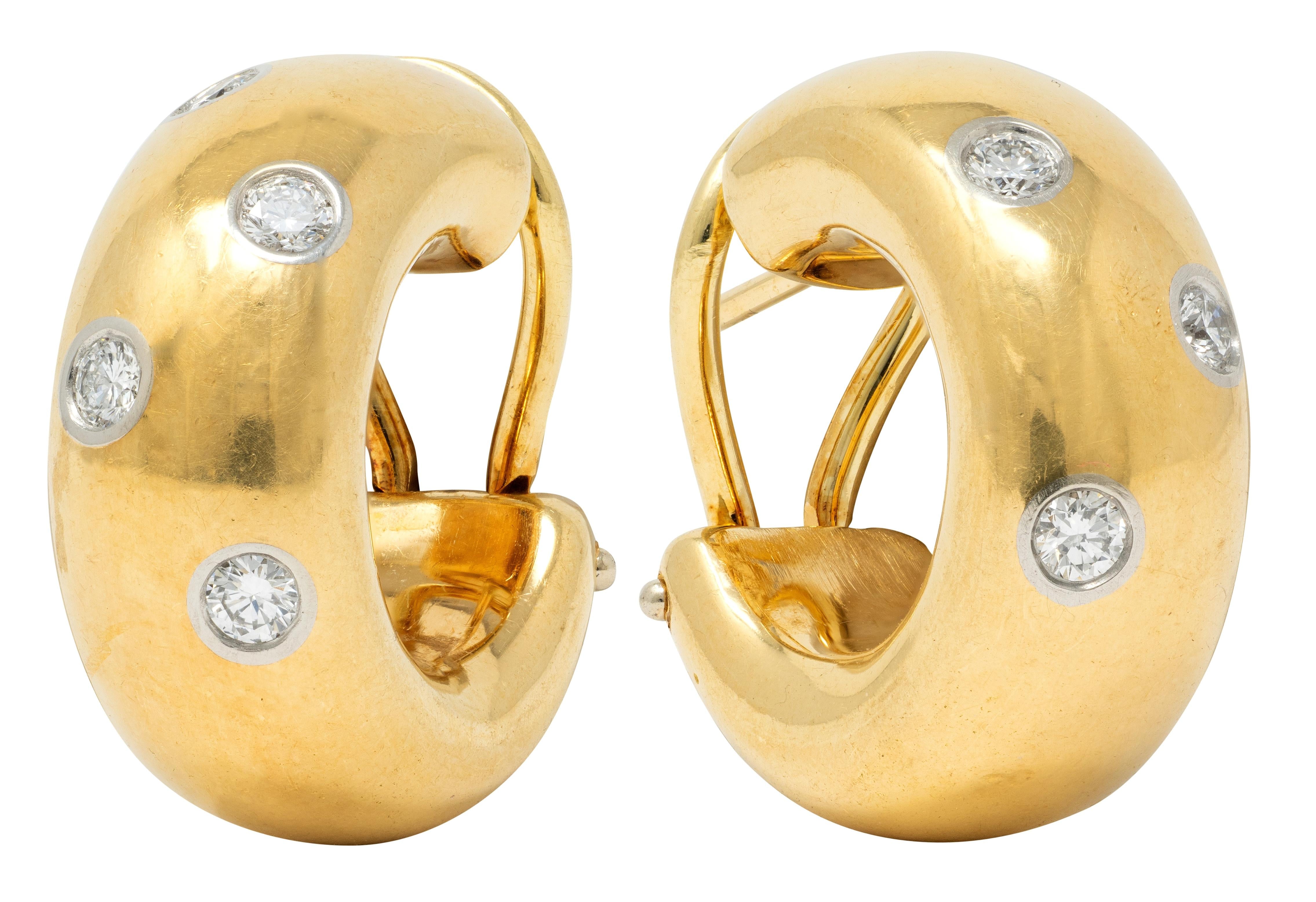 Tiffany & Co. 2000's Diamond Platinum 18K Yellow Gold Etoile J-Hoop Earrings