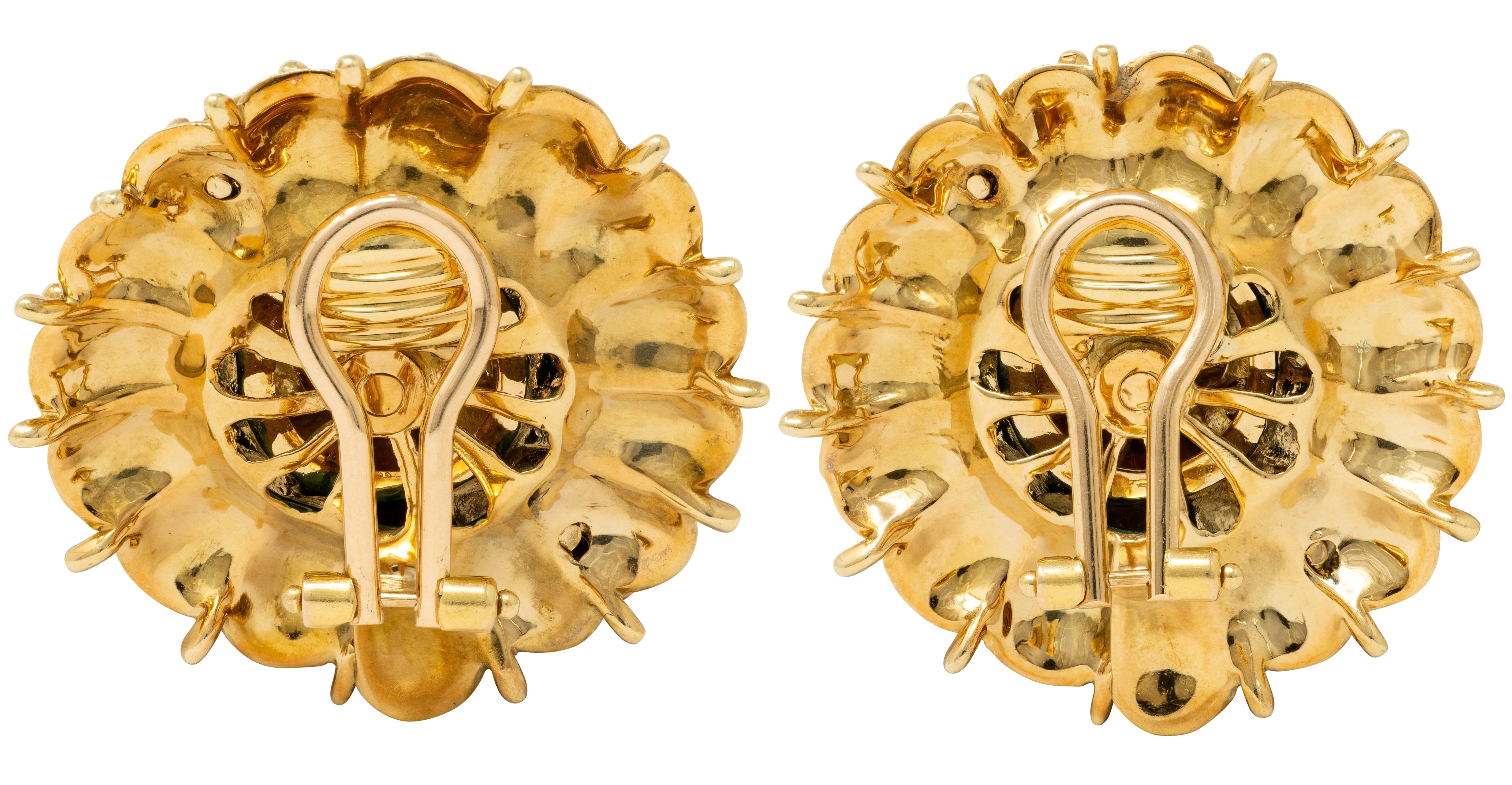 Tiffany & Co. 1960 Basse-Taille Enamel 18K Gold Vintage Flower Ear-Clip Earrings
