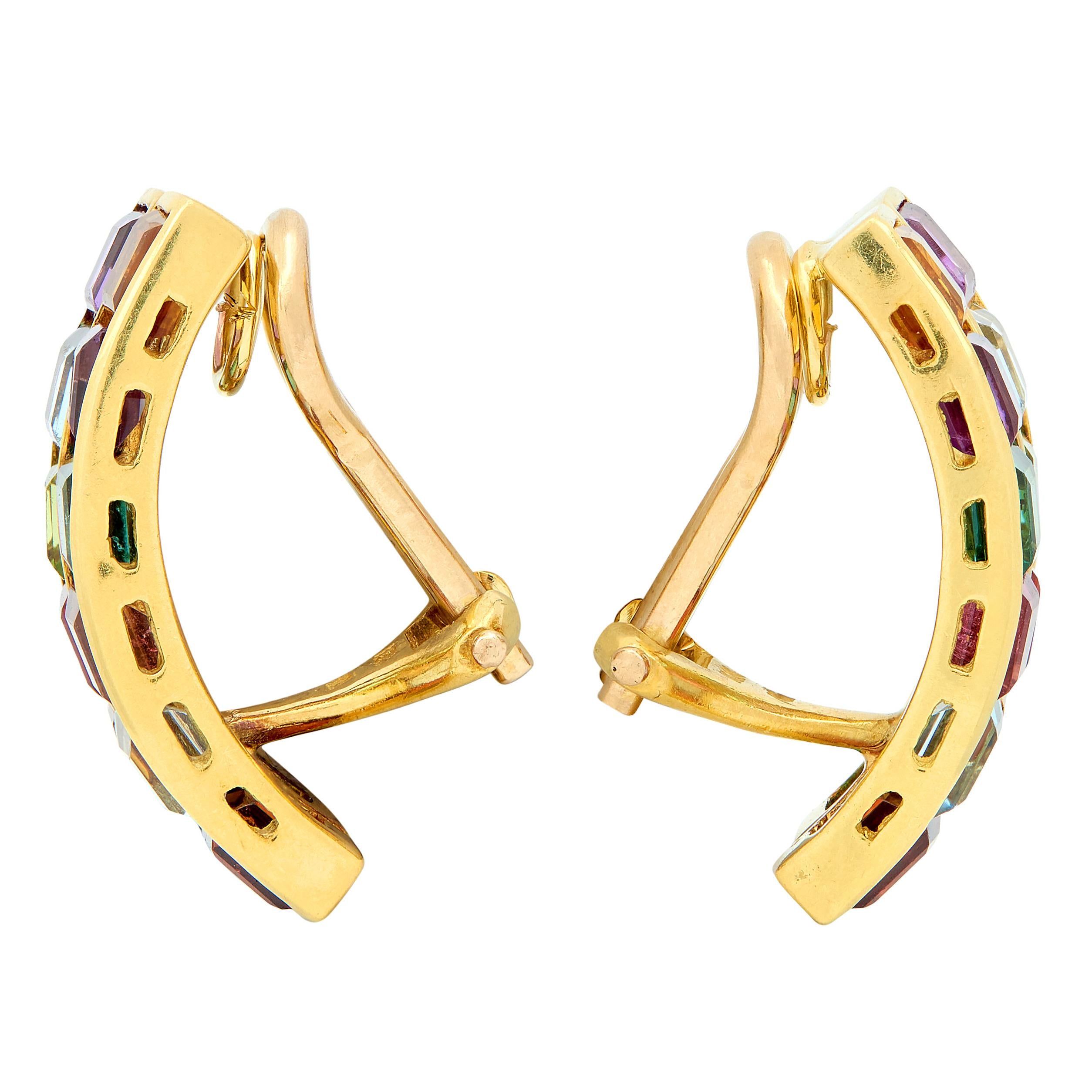 Contemporary Multi-Gem 18 Karat Yellow Gold Rainbow J-Hoop Ear-Clip Earrings