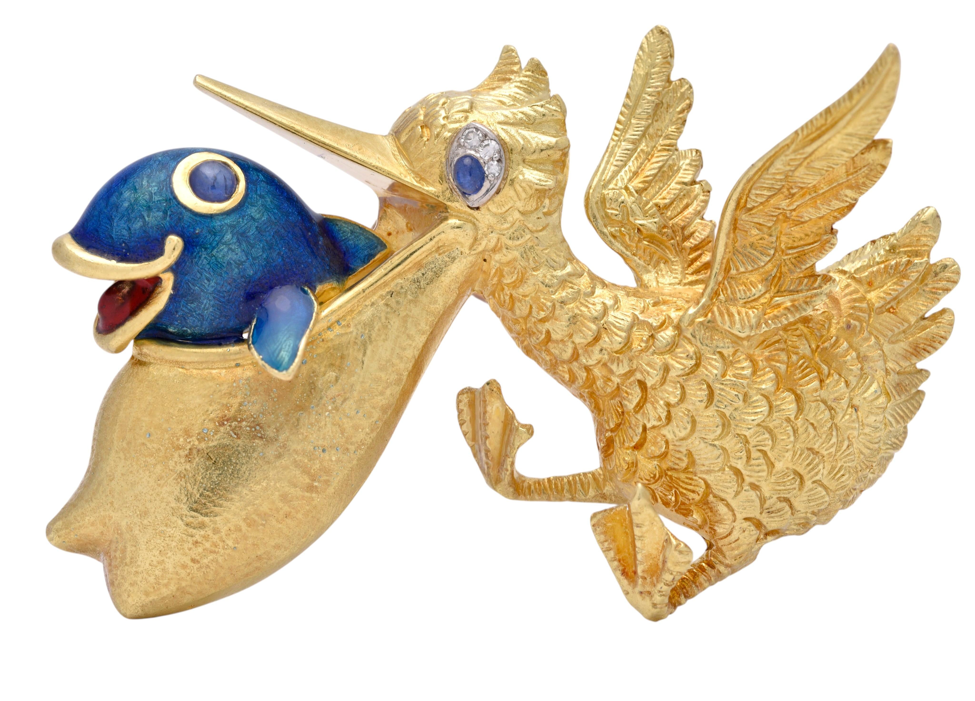 Cartier 1960 Enamel 18K Gold Platinum Vintage Whimsical Pelican Bird Fish Brooch
