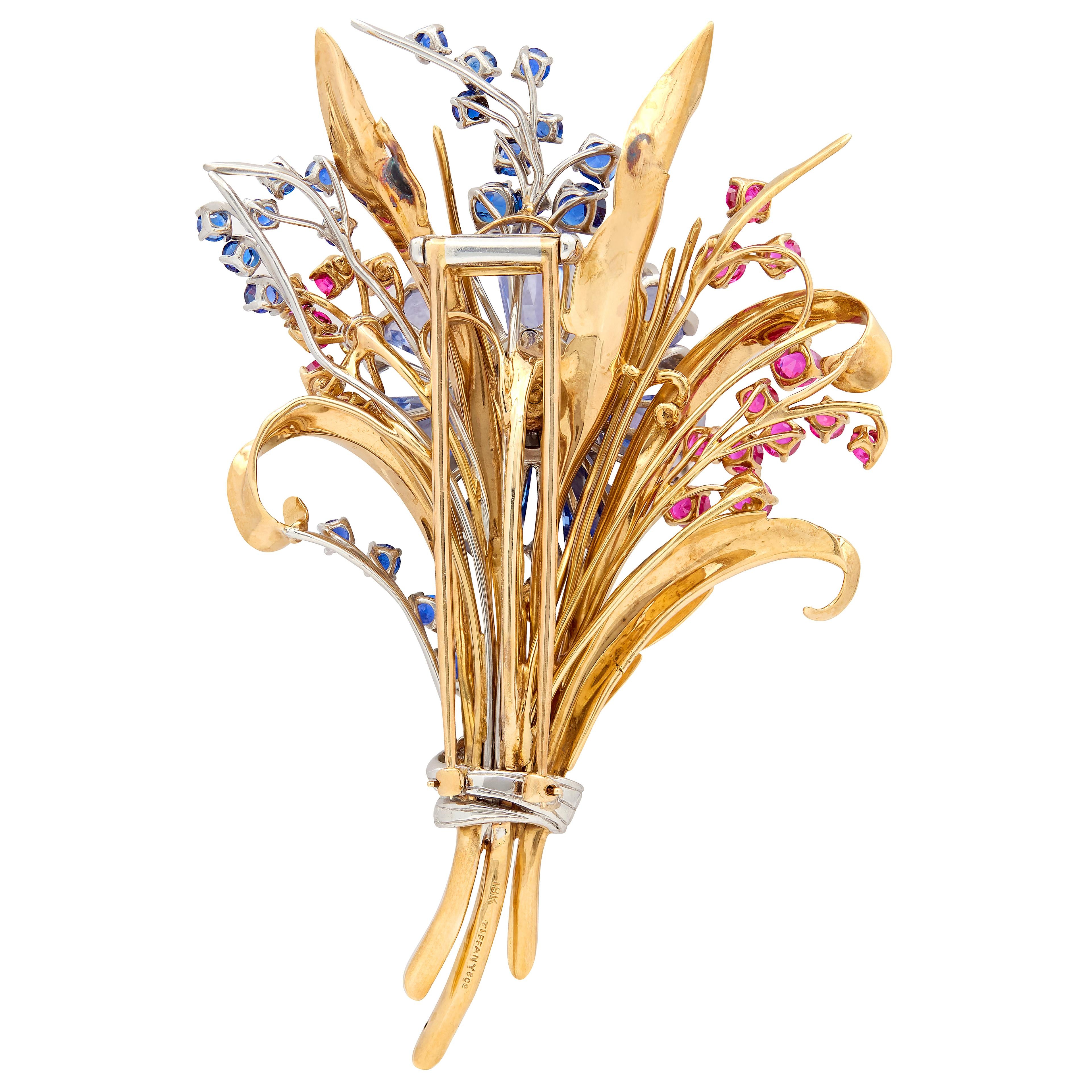 Tiffany & Co. Retro Diamond Sapphire Ruby 18K Gold Vintage Floral Bouquet Brooch