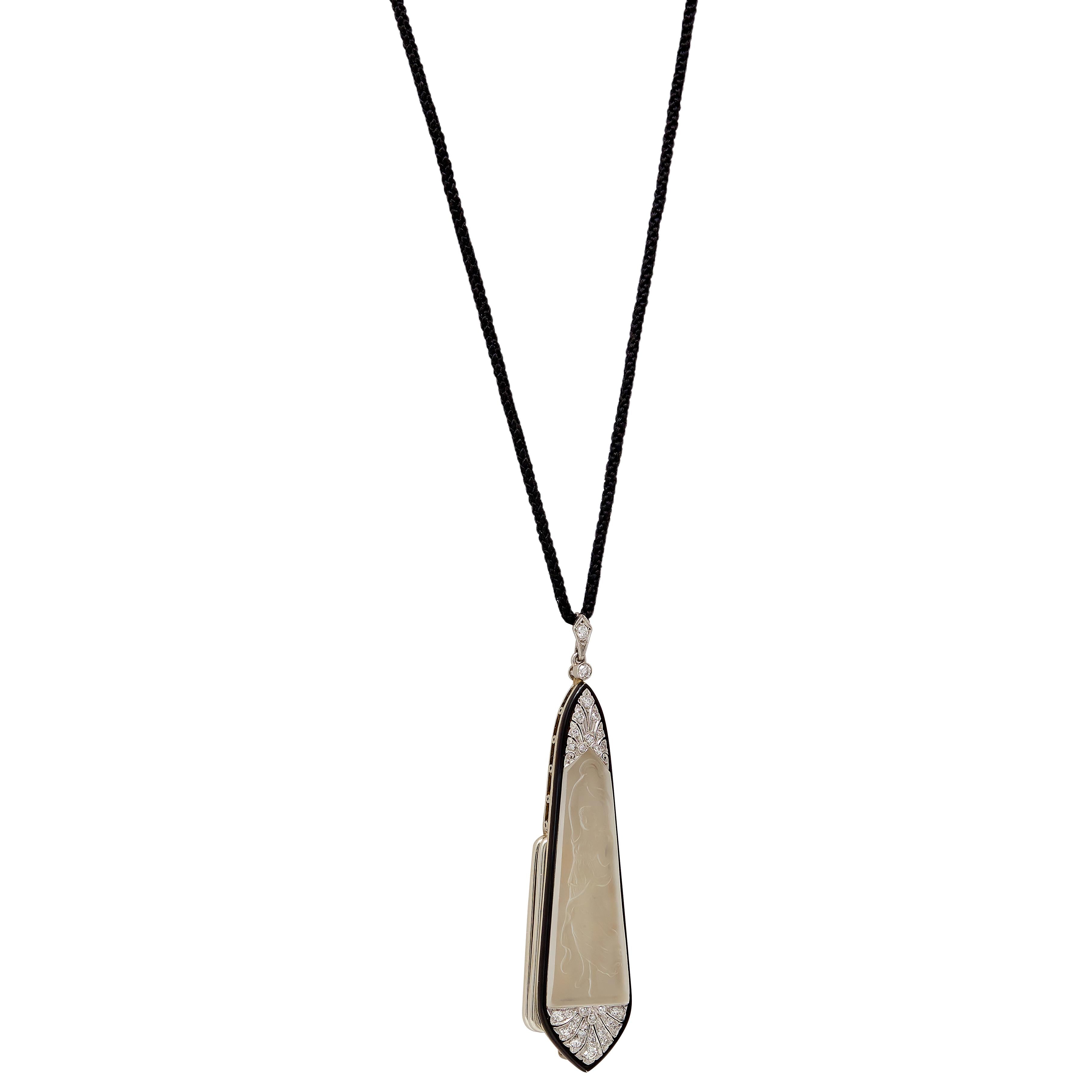 Art Deco Diamond Quartz Platinum 18K Gold Vintage Lorgnette Pendant Necklace
