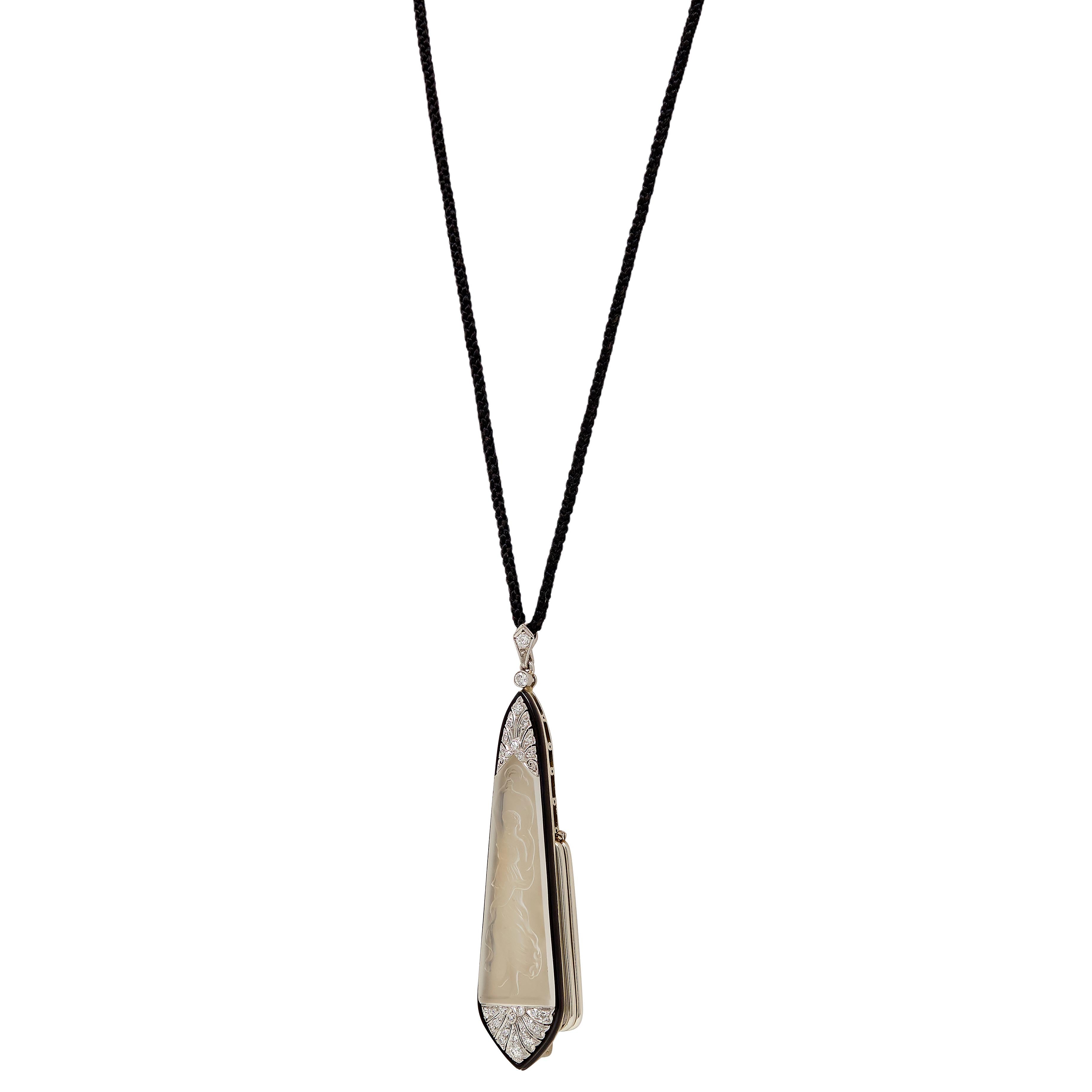 Art Deco Diamond Quartz Platinum 18K Gold Vintage Lorgnette Pendant Necklace