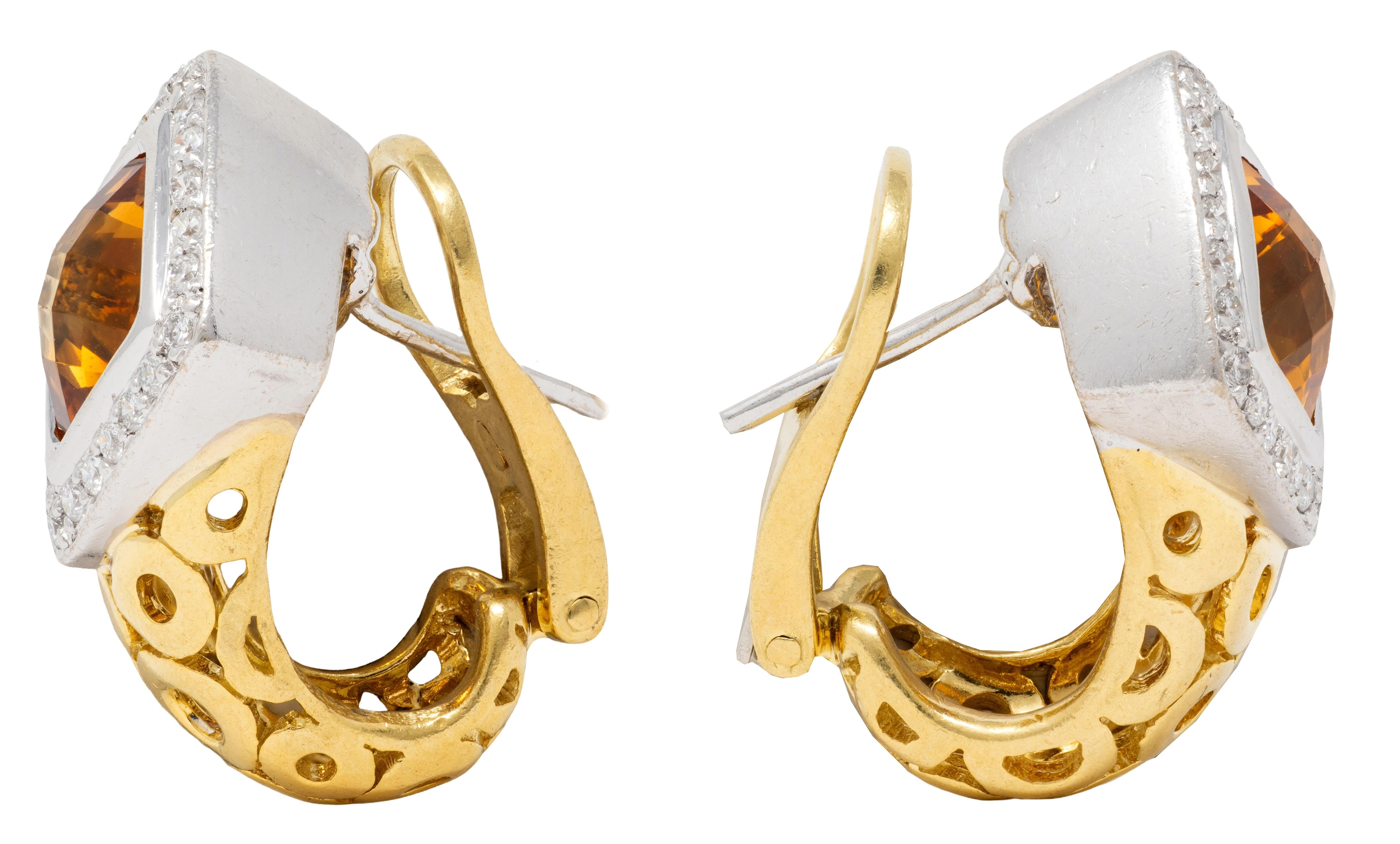 Spark 1990's Citrine Diamond 18 Karat Gold Vintage Geometric J-Hoop Earrings