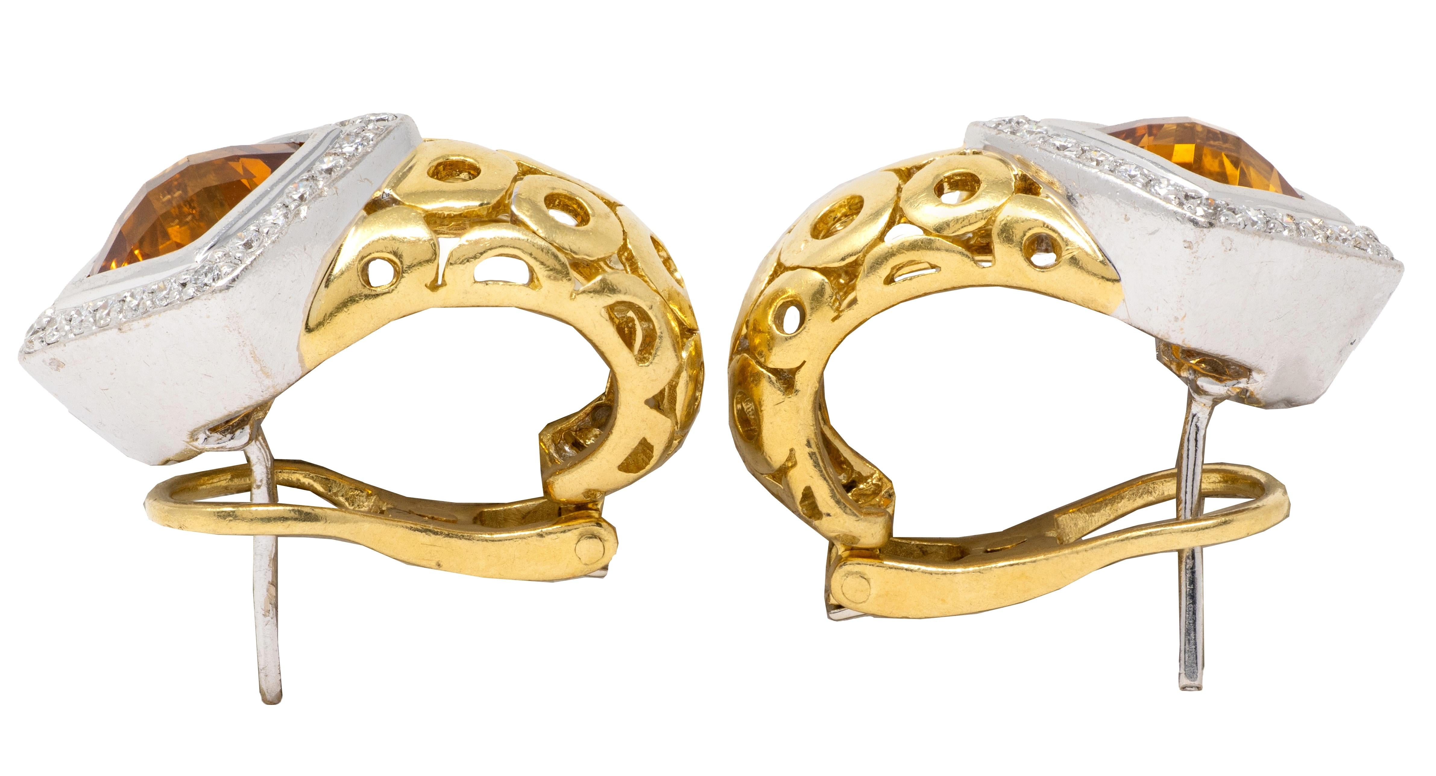 Spark 1990's Citrine Diamond 18 Karat Gold Vintage Geometric J-Hoop Earrings