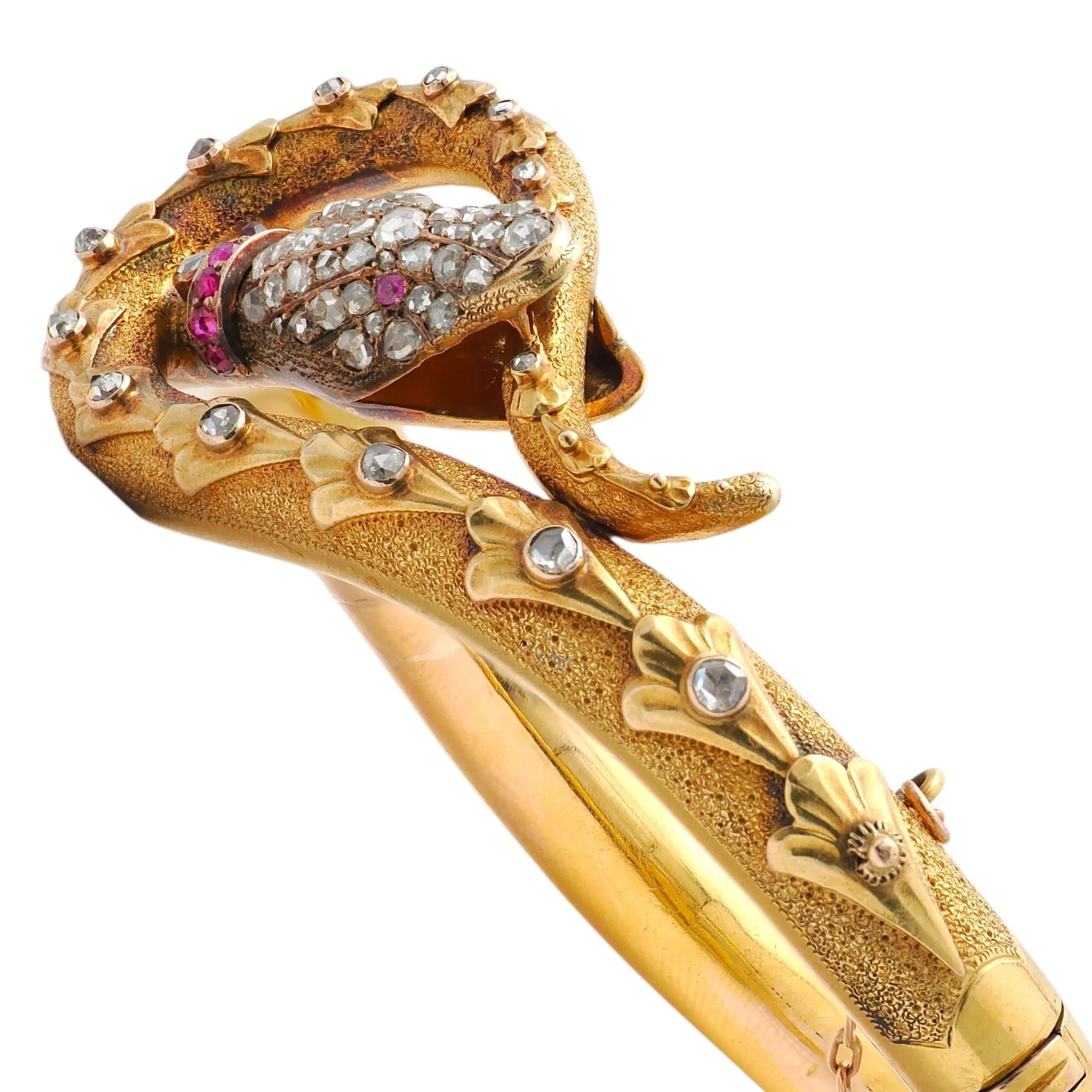 Victorian 2.53 CTW Diamond Ruby 14K Yellow Gold Antique Snake Bangle Bracelet